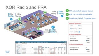 XOR Radio and FRA
2.4GHz
Serving
2.4-5GHz
Monitoring
5GHz.
Serving
5GHz.
Serving
2.4GHz
Serving
5GHz.
Serving
5GHz
Serving5Hz
Serving
2.4GHz
Serving
 FRA-auto (default value) or Manual
 Auto 2.4 -> 5GHz or Monitor Mode
 Transition to 2.4 GHz if coverage drops
 