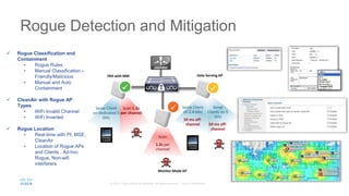 Serve Client
on 2.4 GHz
50 ms off-
channel
Serve
Clients on 5
GHz
50 ms off-
channel
Rogue Detection and Mitigation
 Rogue Classification and
Containment
• Rogue Rules
• Manual Classification –
Friendly/Malicious
• Manual and Auto
Containment
 CleanAir with Rogue AP
Types
• WiFi Invalid Channel
• WiFi Inverted
 Rogue Location
• Real-time with PI, MSE,
CleanAir
• Location of Rogue APs
and Clients , Ad-hoc
Rogue, Non-wifi
interferers
Data Serving AP
Scan
1.2s per
channel
Monitor Mode AP
FRA with MM
Serve Client
on dedicated 5
GHz
Scan 1.2s
per channel
 