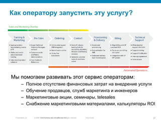 © 2010 Cisco and/or its affiliates. All rights reserved.Presentation_ID 37Cisco Public
Как оператору запустить эту услугу?
Мы помогаем развивать этот сервис операторам:
– Полное отсутствие финансовых затрат на внедрение услуги
– Обучение продавцов, служб маркетинга и инженеров
– Маркетинговые акции, семинары, telesales
– Снабжение маркетинговыми материалами, калькуляторы ROI
© 2005 Cisco Systems, Inc. All rights reserved.
 