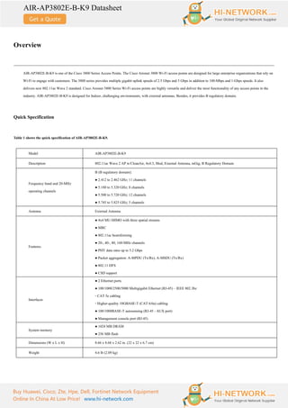 AIR-AP3802E-B-K9 Datasheet
Buy Huawei, Cisco, Zte, Hpe, Dell, Fortinet Network Equipment
Online In China At Low Price! www.hi-network.com
Overview
AIR-AP3802E-B-K9 is one of the Cisco 3800 Series Access Points. The Cisco Aironet 3800 Wi-Fi access points are designed for large enterprise organizations that rely on
Wi-Fi to engage with customers. The 3800 series provides multiple gigabit uplink speeds of 2.5 Gbps and 5 Gbps in addition to 100-Mbps and 1-Gbps speeds. It also
delivers new 802.11ac Wave 2 standard. Cisco Aironet 3800 Series Wi-Fi access points are highly versatile and deliver the most functionality of any access points in the
industry. AIR-AP3802E-B-K9 is designed for Indoor, challenging environments, with external antennas. Besides, it provides B regulatory domain.
Quick Specification
Table 1 shows the quick specification of AIR-AP3802E-B-K9.
Model AIR-AP3802E-B-K9
Description 802.11ac Wave 2 AP w/CleanAir, 4x4:3, Mod, External Antenna, mGig, B Regulatory Domain
Frequency band and 20-MHz
operating channels
B (B regulatory domain):
● 2.412 to 2.462 GHz; 11 channels
● 5.180 to 5.320 GHz; 8 channels
● 5.500 to 5.720 GHz; 12 channels
● 5.745 to 5.825 GHz; 5 channels
Antenna External Antenna
Features
● 4x4 MU-MIMO with three spatial streams
● MRC
● 802.11ac beamforming
● 20-, 40-, 80, 160-MHz channels
● PHY data rates up to 5.2 Gbps
● Packet aggregation: A-MPDU (Tx/Rx), A-MSDU (Tx/Rx)
● 802.11 DFS
● CSD support
Interfaces
● 2 Ethernet ports
● 100/1000/2500/5000 Multigigabit Ethernet (RJ-45) – IEEE 802.3bz
◦ CAT 5e cabling
◦ Higher-quality 10GBASE-T (CAT 6/6a) cabling
● 100/1000BASE-T autosensing (RJ-45 - AUX port)
● Management console port (RJ-45)
System memory
● 1024 MB DRAM
● 256 MB flash
Dimensions (W x L x H) 8.66 x 8.68 x 2.62 in. (22 x 22 x 6.7 cm)
Weight 4.6 lb (2.09 kg)
 