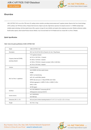AIR-CAP3702E-T-K9 Datasheet
Buy Huawei, Cisco, Zte, Hpe, Dell, Fortinet Network Equipment
Online In China At Low Price! www.hi-network.com
Overview
AIR-CAP3702E-T-K9 is one of the 3700 series AP, needing wireless controller, providing external antenna and T regulatory domain. Based on the Cisco Aironet heritage
of RF excellence, the 3700 Series utilizes a Purpose-built innovative chipset to provide a high-density experience for enterprise network. 4 x 4 MIMO (multiple-input
multiple-output) technology with three-spatial-stream offers a greater coverage for more reliability and capacity than competing access points. Modular architecture enables
flexible add-on options, which include Wireless Security Module, Cisco Universal Small Cell 5310 Module and Cisco Aironet 802.11ac Wave 2 Module.
Quick Specification
Table 1 shows the quick specification of AIR-CAP3702E-T-K9.
Model AIR-CAP3702E-T-K9
Description 802.11ac Ctrlr AP 4x4:3SS w/CleanAir; Ext Ant; T Reg Domain
Frequency band and 20-MHz
operating channels
T (T regulatory domain):
● 2.412 to 2.462 GHz; 11 channels
● 5.280 to 5.320 GHz; 3 channels
● 5.500 to 5.700 GHz; 8 channels (excludes 5.600 to 5.640 GHz)
● 5.745 to 5.825 GHz; 5 channels
Antenna External Antenna
802.11ac Wave 1 capabilities
● 4x4 MIMO with three spatial streams
● MRC
● 802.11ac beamforming
● 20-, 40-, and 80-MHz channels
● PHY data rates up to 1.3 Gbps (80 MHz with 5 GHz)
● Packet aggregation: A-MPDU (Tx/Rx), A-MSDU (Tx/Rx)
● 802.11 DFS
● CSD support
Interfaces
● 10/100/1000BASE-T autosensing (RJ-45)
● Management console port (RJ-45)
System memory
● 512 MB DRAM
● 64 MB flash
Dimensions (W x L x H) ● Access point (without mounting bracket): 8.7 x 8.7 x 2.11 in. (22.1 x 22.1 x 5.4 cm)
Weight ● 2.5 lb (1.13 kg)
 
