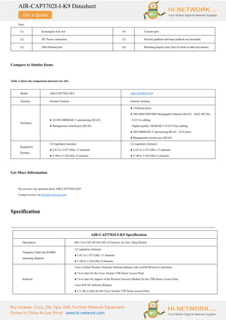 AIR-CAP3702I-I-K9 Datasheet
Buy Huawei, Cisco, Zte, Hpe, Dell, Fortinet Network Equipment
Online In China At Low Price! www.hi-network.com
Note:
(1) Kensington lock slot (4) Console port
(2) DC Power connection (5) Security padlock and hasp (padlock not included)
(3) Gbit Ethernet port (6) Mounting bracket pins (feet for desk or table-top mount)
Compare to Similar Items
Table 2 shows the comparison between two APs.
Model AIR-CAP3702I-I-K9 AIR-AP3802I-I-K9
Antenna Internal Antenna Internal Antenna
Interfaces
● 10/100/1000BASE-T autosensing (RJ-45)
● Management console port (RJ-45)
● 2 Ethernet ports
● 100/1000/2500/5000 Multigigabit Ethernet (RJ-45) – IEEE 802.3bz
◦ CAT 5e cabling
◦ Higher-quality 10GBASE-T (CAT 6/6a) cabling
● 100/1000BASE-T autosensing (RJ-45 - AUX port)
● Management console port (RJ-45)
Regulatory
Domain
I (I regulatory domain):
● 2.412 to 2.472 GHz; 13 channels
● 5.180 to 5.320 GHz; 8 channels
I (I regulatory domain):
● 2.412 to 2.472 GHz; 13 channels
● 5.180 to 5.320 GHz; 8 channels
Get More Information
Do you have any question about AIR-CAP3702I-I-K9?
Contact us now via info@hi-network.com.
Specification
AIR-CAP3702I-I-K9 Specification
Description 802.11ac Ctrlr AP 4x4:3SS w/CleanAir; Int Ant; I Reg Domain
Frequency band and 20-MHz
operating channels
I (I regulatory domain):
● 2.412 to 2.472 GHz; 13 channels
● 5.180 to 5.320 GHz; 8 channels
Software
Cisco Unified Wireless Network Software Release with AireOS Wireless Controllers:
● 7.6 or later for the Cisco Aironet 3700 Series Access Point
● 7.6 or later for support of the Wireless Security Module for the 3700 Series Access Point
Cisco IOS XE Software Release:
● 3.3.1SE or later for the Cisco Aironet 3700 Series Access Point
 