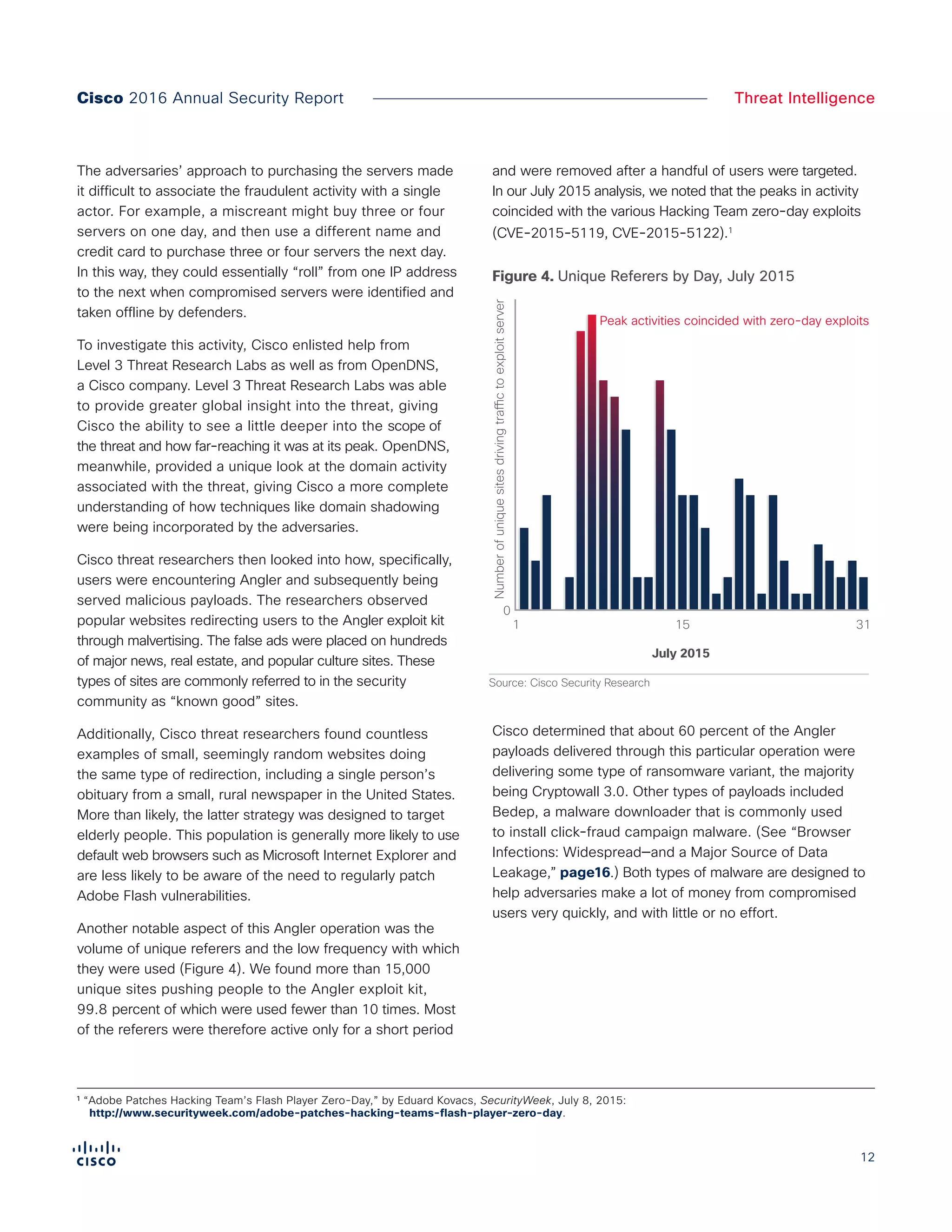 12
Cisco 2016 Annual Security Report Threat Intelligence
The adversaries’ approach to purchasing the servers made
it difficult to associate the fraudulent activity with a single
actor. For example, a miscreant might buy three or four
servers on one day, and then use a different name and
credit card to purchase three or four servers the next day.
In this way, they could essentially “roll” from one IP address
to the next when compromised servers were identified and
taken offline by defenders.
To investigate this activity, Cisco enlisted help from
Level 3 Threat Research Labs as well as from OpenDNS,
a Cisco company. Level 3 Threat Research Labs was able
to provide greater global insight into the threat, giving
Cisco the ability to see a little deeper into the scope of
the threat and how far-reaching it was at its peak. OpenDNS,
meanwhile, provided a unique look at the domain activity
associated with the threat, giving Cisco a more complete
understanding of how techniques like domain shadowing
were being incorporated by the adversaries.
Cisco threat researchers then looked into how, specifically,
users were encountering Angler and subsequently being
served malicious payloads. The researchers observed
popular websites redirecting users to the Angler exploit kit
through malvertising. The false ads were placed on hundreds
of major news, real estate, and popular culture sites. These
types of sites are commonly referred to in the security
community as “known good” sites.
Additionally, Cisco threat researchers found countless
examples of small, seemingly random websites doing
the same type of redirection, including a single person’s
obituary from a small, rural newspaper in the United States.
More than likely, the latter strategy was designed to target
elderly people. This population is generally more likely to use
default web browsers such as Microsoft Internet Explorer and
are less likely to be aware of the need to regularly patch
Adobe Flash vulnerabilities.
Another notable aspect of this Angler operation was the
volume of unique referers and the low frequency with which
they were used (Figure 4). We found more than 15,000
unique sites pushing people to the Angler exploit kit,
99.8 percent of which were used fewer than 10 times. Most
of the referers were therefore active only for a short period
and were removed after a handful of users were targeted.
In our July 2015 analysis, we noted that the peaks in activity
coincided with the various Hacking Team zero-day exploits
(CVE-2015-5119, CVE-2015-5122).1
Cisco determined that about 60 percent of the Angler
payloads delivered through this particular operation were
delivering some type of ransomware variant, the majority
being Cryptowall 3.0. Other types of payloads included
Bedep, a malware downloader that is commonly used
to install click-fraud campaign malware. (See “Browser
Infections: Widespread—and a Major Source of Data
Leakage,” page16.) Both types of malware are designed to
help adversaries make a lot of money from compromised
users very quickly, and with little or no effort.
	
Figure 4. Unique Referers by Day, July 2015
July 2015
311 15
Source: Cisco Security Research
Figure X. Unique Referers by Day, July 2015
Numberofuniquesitesdrivingtraffictoexploitserver
Peak activities coincided with zero-day exploits
2K
0
¹ “Adobe Patches Hacking Team’s Flash Player Zero-Day,” by Eduard Kovacs, SecurityWeek, July 8, 2015:
http://www.securityweek.com/adobe-patches-hacking-teams-flash-player-zero-day.
 