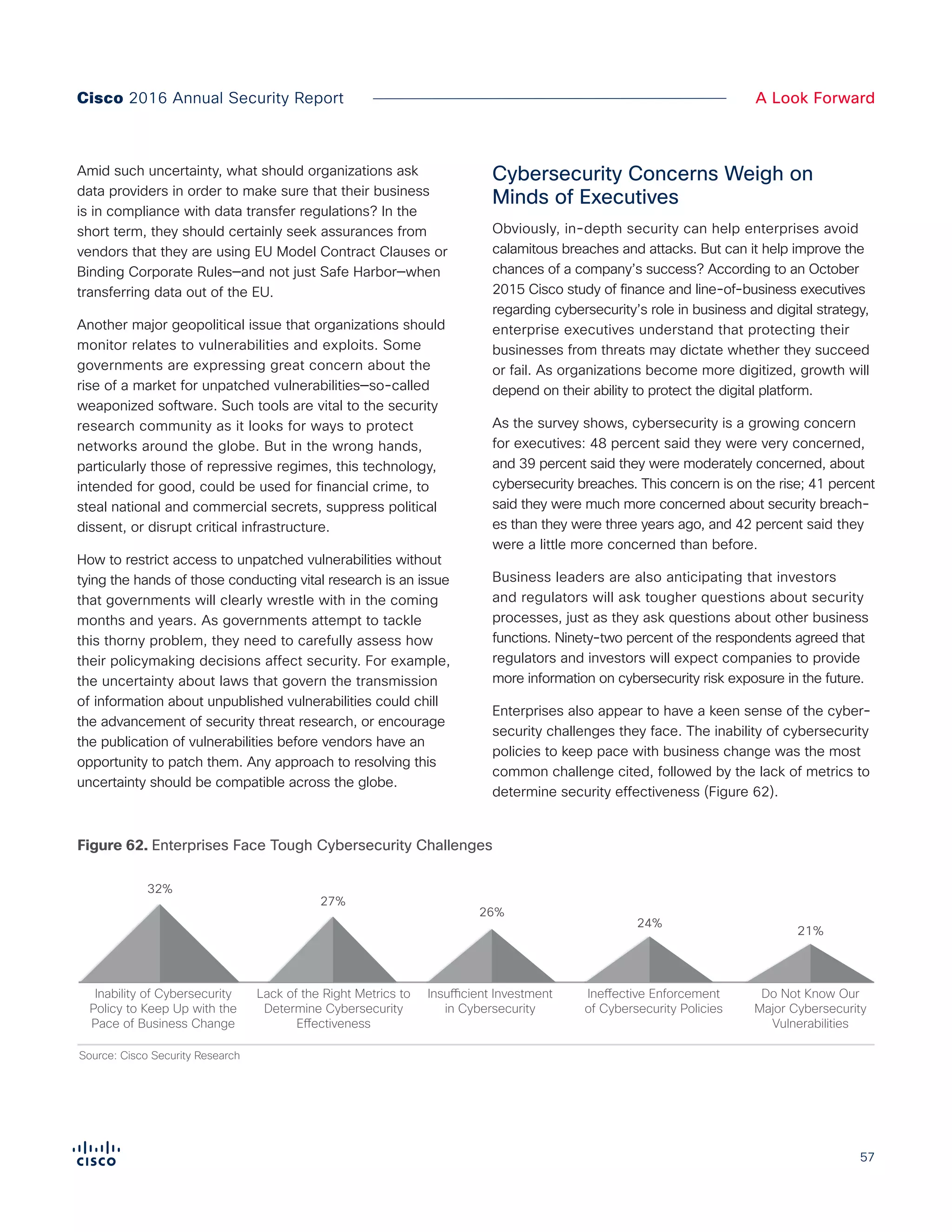 57
A Look ForwardCisco 2016 Annual Security Report
Amid such uncertainty, what should organizations ask
data providers in order to make sure that their business
is in compliance with data transfer regulations? In the
short term, they should certainly seek assurances from
vendors that they are using EU Model Contract Clauses or
Binding Corporate Rules—and not just Safe Harbor—when
transferring data out of the EU.
Another major geopolitical issue that organizations should
monitor relates to vulnerabilities and exploits. Some
governments are expressing great concern about the
rise of a market for unpatched vulnerabilities—so-called
weaponized software. Such tools are vital to the security
research community as it looks for ways to protect
networks around the globe. But in the wrong hands,
particularly those of repressive regimes, this technology,
intended for good, could be used for financial crime, to
steal national and commercial secrets, suppress political
dissent, or disrupt critical infrastructure.
How to restrict access to unpatched vulnerabilities without
tying the hands of those conducting vital research is an issue
that governments will clearly wrestle with in the coming
months and years. As governments attempt to tackle
this thorny problem, they need to carefully assess how
their policymaking decisions affect security. For example,
the uncertainty about laws that govern the transmission
of information about unpublished vulnerabilities could chill
the advancement of security threat research, or encourage
the publication of vulnerabilities before vendors have an
opportunity to patch them. Any approach to resolving this
uncertainty should be compatible across the globe.
Cybersecurity Concerns Weigh on
Minds of Executives
Obviously, in-depth security can help enterprises avoid
calamitous breaches and attacks. But can it help improve the
chances of a company’s success? According to an October
2015 Cisco study of finance and line-of-business executives
regarding cybersecurity’s role in business and digital strategy,
enterprise executives understand that protecting their
businesses from threats may dictate whether they succeed
or fail. As organizations become more digitized, growth will
depend on their ability to protect the digital platform.
As the survey shows, cybersecurity is a growing concern
for executives: 48 percent said they were very concerned,
and 39 percent said they were moderately concerned, about
cybersecurity breaches. This concern is on the rise; 41 percent
said they were much more concerned about security breach-
es than they were three years ago, and 42 percent said they
were a little more concerned than before.
Business leaders are also anticipating that investors
and regulators will ask tougher questions about security
processes, just as they ask questions about other business
functions. Ninety-two percent of the respondents agreed that
regulators and investors will expect companies to provide
more information on cybersecurity risk exposure in the future.
Enterprises also appear to have a keen sense of the cyber-
security challenges they face. The inability of cybersecurity
policies to keep pace with business change was the most
common challenge cited, followed by the lack of metrics to
determine security effectiveness (Figure 62).
Figure 62. Enterprises Face Tough Cybersecurity Challenges
Source: Cisco Security Research
Figure X. Enterprises Face Tough Cybersecurity Challenges
32%
24%
21%
Do Not Know Our
Major Cybersecurity
Vulnerabilities
Ineffective Enforcement
of Cybersecurity Policies
26%
Insufficient Investment
in Cybersecurity
27%
Lack of the Right Metrics to
Determine Cybersecurity
Effectiveness
Inability of Cybersecurity
Policy to Keep Up with the
Pace of Business Change
 