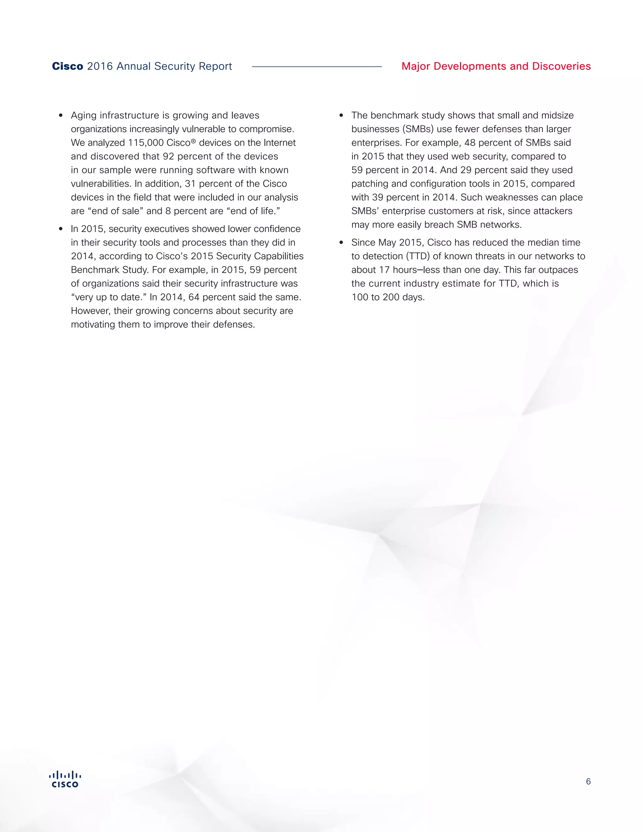6
•• Aging infrastructure is growing and leaves
organizations increasingly vulnerable to compromise.
We analyzed 115,000 Cisco® devices on the Internet
and discovered that 92 percent of the devices
in our sample were running software with known
vulnerabilities. In addition, 31 percent of the Cisco
devices in the field that were included in our analysis
are “end of sale” and 8 percent are “end of life.”
•• In 2015, security executives showed lower confidence
in their security tools and processes than they did in
2014, according to Cisco’s 2015 Security Capabilities
Benchmark Study. For example, in 2015, 59 percent
of organizations said their security infrastructure was
“very up to date.” In 2014, 64 percent said the same.
However, their growing concerns about security are
motivating them to improve their defenses.
•• The benchmark study shows that small and midsize
businesses (SMBs) use fewer defenses than larger
enterprises. For example, 48 percent of SMBs said
in 2015 that they used web security, compared to
59 percent in 2014. And 29 percent said they used
patching and configuration tools in 2015, compared
with 39 percent in 2014. Such weaknesses can place
SMBs’ enterprise customers at risk, since attackers
may more easily breach SMB networks.
•• Since May 2015, Cisco has reduced the median time
to detection (TTD) of known threats in our networks to
about 17 hours—less than one day. This far outpaces
the current industry estimate for TTD, which is
100 to 200 days.
Major Developments and DiscoveriesCisco 2016 Annual Security Report
 