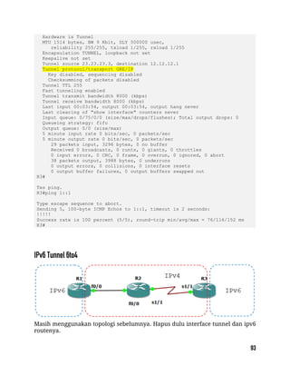 Hardware is Tunnel
MTU 1514 bytes, BW 9 Kbit, DLY 500000 usec,
reliability 255/255, txload 1/255, rxload 1/255
Encapsulation TUNNEL, loopback not set
Keepalive not set
Tunnel source 23.23.23.3, destination 12.12.12.1
Tunnel protocol/transport GRE/IP
Key disabled, sequencing disabled
Checksumming of packets disabled
Tunnel TTL 255
Fast tunneling enabled
Tunnel transmit bandwidth 8000 (kbps)
Tunnel receive bandwidth 8000 (kbps)
Last input 00:03:54, output 00:03:54, output hang never
Last clearing of "show interface" counters never
Input queue: 0/75/0/0 (size/max/drops/flushes); Total output drops: 0
Queueing strategy: fifo
Output queue: 0/0 (size/max)
5 minute input rate 0 bits/sec, 0 packets/sec
5 minute output rate 0 bits/sec, 0 packets/sec
29 packets input, 3296 bytes, 0 no buffer
Received 0 broadcasts, 0 runts, 0 giants, 0 throttles
0 input errors, 0 CRC, 0 frame, 0 overrun, 0 ignored, 0 abort
38 packets output, 3988 bytes, 0 underruns
0 output errors, 0 collisions, 0 interface resets
0 output buffer failures, 0 output buffers swapped out
R3#
Tes ping.
R3#ping 1::1
Type escape sequence to abort.
Sending 5, 100-byte ICMP Echos to 1::1, timeout is 2 seconds:
!!!!!
Success rate is 100 percent (5/5), round-trip min/avg/max = 76/116/152 ms
R3#
Masih menggunakan topologi sebelumnya. Hapus dulu interface tunnel dan ipv6
routenya.
 