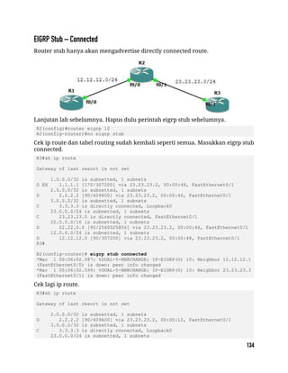 Router stub hanya akan mengadvertise directly connected route.
Lanjutan lab sebelumnya. Hapus dulu perintah eigrp stub sebelumnya.
R2(config)#router eigrp 10
R2(config-router)#no eigrp stub
Cek ip route dan tabel routing sudah kembali seperti semua. Masukkan eigrp stub
connected.
R3#sh ip route
Gateway of last resort is not set
1.0.0.0/32 is subnetted, 1 subnets
D EX 1.1.1.1 [170/307200] via 23.23.23.2, 00:00:46, FastEthernet0/1
2.0.0.0/32 is subnetted, 1 subnets
D 2.2.2.2 [90/409600] via 23.23.23.2, 00:00:46, FastEthernet0/1
3.0.0.0/32 is subnetted, 1 subnets
C 3.3.3.3 is directly connected, Loopback0
23.0.0.0/24 is subnetted, 1 subnets
C 23.23.23.0 is directly connected, FastEthernet0/1
22.0.0.0/16 is subnetted, 1 subnets
D 22.22.0.0 [90/2560025856] via 23.23.23.2, 00:00:46, FastEthernet0/1
12.0.0.0/24 is subnetted, 1 subnets
D 12.12.12.0 [90/307200] via 23.23.23.2, 00:00:48, FastEthernet0/1
R3#
R2(config-router)# eigrp stub connected
*Mar 1 00:06:02.587: %DUAL-5-NBRCHANGE: IP-EIGRP(0) 10: Neighbor 12.12.12.1
(FastEthernet0/0) is down: peer info changed
*Mar 1 00:06:02.599: %DUAL-5-NBRCHANGE: IP-EIGRP(0) 10: Neighbor 23.23.23.3
(FastEthernet0/1) is down: peer info changed
Cek lagi ip route.
R3#sh ip route
Gateway of last resort is not set
2.0.0.0/32 is subnetted, 1 subnets
D 2.2.2.2 [90/409600] via 23.23.23.2, 00:00:12, FastEthernet0/1
3.0.0.0/32 is subnetted, 1 subnets
C 3.3.3.3 is directly connected, Loopback0
23.0.0.0/24 is subnetted, 1 subnets
 