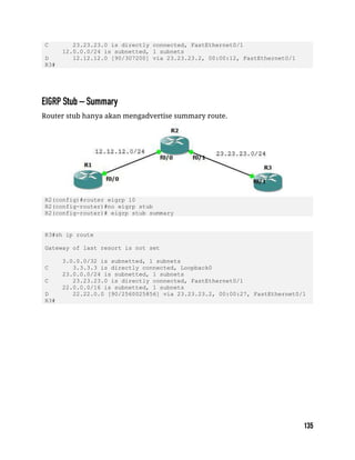 C 23.23.23.0 is directly connected, FastEthernet0/1
12.0.0.0/24 is subnetted, 1 subnets
D 12.12.12.0 [90/307200] via 23.23.23.2, 00:00:12, FastEthernet0/1
R3#
Router stub hanya akan mengadvertise summary route.
R2(config)#router eigrp 10
R2(config-router)#no eigrp stub
R2(config-router)# eigrp stub summary
R3#sh ip route
Gateway of last resort is not set
3.0.0.0/32 is subnetted, 1 subnets
C 3.3.3.3 is directly connected, Loopback0
23.0.0.0/24 is subnetted, 1 subnets
C 23.23.23.0 is directly connected, FastEthernet0/1
22.0.0.0/16 is subnetted, 1 subnets
D 22.22.0.0 [90/2560025856] via 23.23.23.2, 00:00:27, FastEthernet0/1
R3#
 