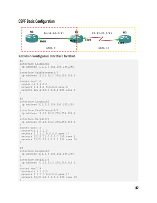 Ketikkan konfigurasi interface berikut.
R1
interface Loopback0
ip address 1.1.1.1 255.255.255.255
!
interface FastEthernet0/0
ip address 12.12.12.1 255.255.255.0
!
router ospf 13
router-id 1.1.1.1
network 1.1.1.1 0.0.0.0 area 0
network 12.12.12.0 0.0.0.255 area 0
!
R2
interface Loopback0
ip address 2.2.2.2 255.255.255.255
!
interface FastEthernet0/0
ip address 12.12.12.2 255.255.255.0
!
interface Serial1/0
ip address 23.23.23.2 255.255.255.0
!
router ospf 13
router-id 2.2.2.2
network 2.2.2.2 0.0.0.0 area 10
network 12.12.12.0 0.0.0.255 area 0
network 23.23.23.0 0.0.0.255 area 10
!
R3
interface Loopback0
ip address 3.3.3.3 255.255.255.255
!
interface Serial1/0
ip address 23.23.23.3 255.255.255.0
!
router ospf 14
router-id 3.3.3.3
network 3.3.3.3 0.0.0.0 area 10
network 23.23.23.0 0.0.0.255 area 10
!
 