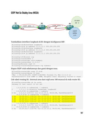 Tambahkan interface loopback di R1 dengan konfigurasi RIP.
R1(config-if)#interface Loopback1
R1(config-if)# ip address 11.11.11.1 255.255.255.255
R1(config-if)#interface Loopback2
R1(config-if)# ip address 11.11.11.2 255.255.255.255
R1(config-if)#interface Loopback3
R1(config-if)# ip address 11.11.11.3 255.255.255.255
R1(config-if)#router rip
R1(config-router)#ver 2
R1(config-router)#no auto-summary
R1(config-router)#net 11.0.0.0
R1(config)#router ospf 13
R1(config-router)#redistribute rip subnets
Hapus OSPF stub sebelumnya dan ganti dengan nssa.
R2(config-router)#no area 10 stub
R2(config-router)#area 10 nssa
*Mar 1 00:10:39.295: %OSPF-5-ADJCHG: Process 13, Nbr 2.2.2.2 on
FastEthernet0/0 from DOWN to DOWN, Neighbor Down: Adjacency forced to reset
Cek tabel routing R1. Internal area dari ospf area 100 muncul di stub router R1.
R1(config-router)#do sh ip route
Gateway of last resort is not set
1.0.0.0/32 is subnetted, 1 subnets
C 1.1.1.1 is directly connected, Loopback0
2.0.0.0/32 is subnetted, 1 subnets
O IA 2.2.2.2 [110/11] via 12.12.12.2, 00:01:48, FastEthernet0/0
33.0.0.0/32 is subnetted, 4 subnets
O IA 33.33.33.5 [110/75] via 12.12.12.2, 00:01:48, FastEthernet0/0
O IA 33.33.33.7 [110/75] via 12.12.12.2, 00:01:48, FastEthernet0/0
O IA 33.33.33.6 [110/75] via 12.12.12.2, 00:01:48, FastEthernet0/0
O IA 33.33.33.8 [110/75] via 12.12.12.2, 00:01:48, FastEthernet0/0
3.0.0.0/32 is subnetted, 1 subnets
O IA 3.3.3.3 [110/75] via 12.12.12.2, 00:01:49, FastEthernet0/0
23.0.0.0/24 is subnetted, 1 subnets
O IA 23.23.23.0 [110/74] via 12.12.12.2, 00:01:49, FastEthernet0/0
 