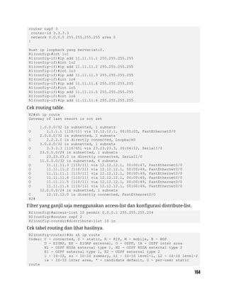 router ospf 3
router-id 3.3.3.3
network 0.0.0.0 255.255.255.255 area 0
!
Buat ip loopback yang bervariatif.
R1(config)#int lo1
R1(config-if)#ip add 11.11.11.1 255.255.255.255
R1(config-if)#int lo2
R1(config-if)#ip add 11.11.11.2 255.255.255.255
R1(config-if)#int lo3
R1(config-if)#ip add 11.11.11.3 255.255.255.255
R1(config-if)#int lo4
R1(config-if)#ip add 11.11.11.4 255.255.255.255
R1(config-if)#int lo5
R1(config-if)#ip add 11.11.11.5 255.255.255.255
R1(config-if)#int lo6
R1(config-if)#ip add 11.11.11.6 255.255.255.255
Cek routing table.
R2#sh ip route
Gateway of last resort is not set
1.0.0.0/32 is subnetted, 1 subnets
O 1.1.1.1 [110/11] via 12.12.12.1, 00:05:05, FastEthernet0/0
2.0.0.0/32 is subnetted, 1 subnets
C 2.2.2.2 is directly connected, Loopback0
3.0.0.0/32 is subnetted, 1 subnets
O 3.3.3.3 [110/65] via 23.23.23.3, 00:04:12, Serial1/0
23.0.0.0/24 is subnetted, 1 subnets
C 23.23.23.0 is directly connected, Serial1/0
11.0.0.0/32 is subnetted, 6 subnets
O 11.11.11.3 [110/11] via 12.12.12.1, 00:00:47, FastEthernet0/0
O 11.11.11.2 [110/11] via 12.12.12.1, 00:00:49, FastEthernet0/0
O 11.11.11.1 [110/11] via 12.12.12.1, 00:00:49, FastEthernet0/0
O 11.11.11.6 [110/11] via 12.12.12.1, 00:00:49, FastEthernet0/0
O 11.11.11.5 [110/11] via 12.12.12.1, 00:00:49, FastEthernet0/0
O 11.11.11.4 [110/11] via 12.12.12.1, 00:00:49, FastEthernet0/0
12.0.0.0/24 is subnetted, 1 subnets
C 12.12.12.0 is directly connected, FastEthernet0/0
R2#
Filter yang ganjil saja menggunakan access-list dan konfigurasi distribute-list.
R2(config)#access-list 10 permit 0.0.0.1 255.255.255.254
R2(config)#router ospf 2
R2(config-router)#distribute-list 10 in
Cek tabel routing dan lihat hasilnya.
R2(config-router)#do sh ip route
Codes: C - connected, S - static, R - RIP, M - mobile, B - BGP
D - EIGRP, EX - EIGRP external, O - OSPF, IA - OSPF inter area
N1 - OSPF NSSA external type 1, N2 - OSPF NSSA external type 2
E1 - OSPF external type 1, E2 - OSPF external type 2
i - IS-IS, su - IS-IS summary, L1 - IS-IS level-1, L2 - IS-IS level-2
ia - IS-IS inter area, * - candidate default, U - per-user static
route
 