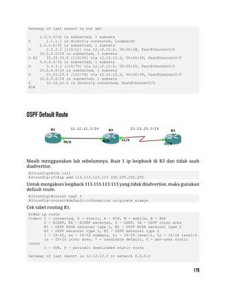 Gateway of last resort is not set
1.0.0.0/32 is subnetted, 1 subnets
C 1.1.1.1 is directly connected, Loopback0
2.0.0.0/32 is subnetted, 1 subnets
O 2.2.2.2 [110/11] via 12.12.12.2, 00:06:38, FastEthernet0/0
33.0.0.0/29 is subnetted, 1 subnets
O E2 33.33.33.0 [110/20] via 12.12.12.2, 00:00:30, FastEthernet0/0
3.0.0.0/32 is subnetted, 1 subnets
O 3.3.3.3 [110/75] via 12.12.12.2, 00:05:25, FastEthernet0/0
23.0.0.0/24 is subnetted, 1 subnets
O 23.23.23.0 [110/74] via 12.12.12.2, 00:06:39, FastEthernet0/0
12.0.0.0/24 is subnetted, 1 subnets
C 12.12.12.0 is directly connected, FastEthernet0/0
R1#
Masih menggunakan lab sebelumnya. Buat 1 ip loopback di R3 dan tidak usah
diadvertise.
R3(config)#int lo11
R3(config-if)#ip add 113.113.113.113 255.255.255.255
Untuk mengakses loopback 113.113.113.113 yang tidak diadvertise, maka gunakan
default route.
R3(config)#router ospf 3
R3(config-router)#default-information originate always
Cek tabel routing R1.
R1#sh ip route
Codes: C - connected, S - static, R - RIP, M - mobile, B - BGP
D - EIGRP, EX - EIGRP external, O - OSPF, IA - OSPF inter area
N1 - OSPF NSSA external type 1, N2 - OSPF NSSA external type 2
E1 - OSPF external type 1, E2 - OSPF external type 2
i - IS-IS, su - IS-IS summary, L1 - IS-IS level-1, L2 - IS-IS level-2
ia - IS-IS inter area, * - candidate default, U - per-user static
route
o - ODR, P - periodic downloaded static route
Gateway of last resort is 12.12.12.2 to network 0.0.0.0
 