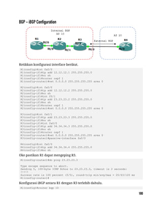 Ketikkan konfigurasi interface berikut.
R1(config)#int fa0/0
R1(config-if)#ip add 12.12.12.1 255.255.255.0
R1(config-if)#no sh
R1(config-if)#router ospf 1
R1(config-router)#net 0.0.0.0 255.255.255.255 area 0
R2(config)#int fa0/0
R2(config-if)#ip add 12.12.12.2 255.255.255.0
R2(config-if)#no sh
R2(config-if)#int f0/1
R2(config-if)#ip add 23.23.23.2 255.255.255.0
R2(config-if)#no sh
R2(config-if)#router ospf 1
R2(config-router)#net 0.0.0.0 255.255.255.255 area 0
R3(config)#int fa0/1
R3(config-if)#ip add 23.23.23.3 255.255.255.0
R3(config-if)#no sh
R3(config-if)#int fa0/0
R3(config-if)#ip add 34.34.34.3 255.255.255.0
R3(config-if)#no sh
R3(config-if)#router ospf 1
R3(config-router)#net 0.0.0.0 255.255.255.255 area 0
R3(config-router)#passive-interface fa0/0
R4(config)#int fa0/0
R4(config-if)#ip add 34.34.34.4 255.255.255.0
R4(config-if)#no sh
Oke pastikan R1 dapat mengeping R3.
R1(config-router)#do ping 23.23.23.3
Type escape sequence to abort.
Sending 5, 100-byte ICMP Echos to 23.23.23.3, timeout is 2 seconds:
!!!!!
Success rate is 100 percent (5/5), round-trip min/avg/max = 20/63/120 ms
R1(config-router)#
Konfigurasi iBGP antara R1 dengan R3 terlebih dahulu.
R1(config)#router bgp 10
 