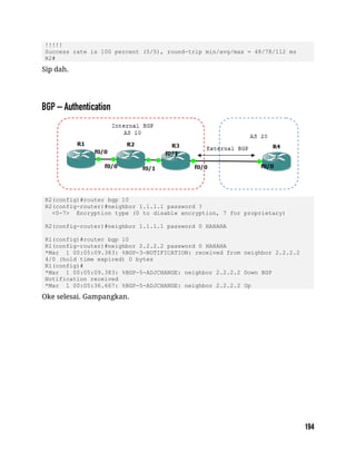 !!!!!
Success rate is 100 percent (5/5), round-trip min/avg/max = 48/78/112 ms
R2#
Sip dah.
R2(config)#router bgp 10
R2(config-router)#neighbor 1.1.1.1 password ?
<0-7> Encryption type (0 to disable encryption, 7 for proprietary)
R2(config-router)#neighbor 1.1.1.1 password 0 HAHAHA
R1(config)#router bgp 10
R1(config-router)#neighbor 2.2.2.2 password 0 HAHAHA
*Mar 1 00:05:09.383: %BGP-3-NOTIFICATION: received from neighbor 2.2.2.2
4/0 (hold time expired) 0 bytes
R1(config)#
*Mar 1 00:05:09.383: %BGP-5-ADJCHANGE: neighbor 2.2.2.2 Down BGP
Notification received
*Mar 1 00:05:36.667: %BGP-5-ADJCHANGE: neighbor 2.2.2.2 Up
Oke selesai. Gampangkan.
 