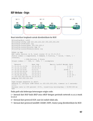 Buat interface loopback untuk diredistribute ke BGP.
R2(config)#int lo222
R2(config-if)#ip add 222.222.222.222 255.255.255.255
R2(config-if)#router rip
R2(config-router)#net 222.222.222.0
R2(config-router)#router bgp 10
R2(config-router)#redistribute rip
R5#sh ip bgp
BGP table version is 8, local router ID is 15.15.15.5
Status codes: s suppressed, d damped, h history, * valid, > best, i -
internal,
r RIB-failure, S Stale
Origin codes: i - IGP, e - EGP, ? - incomplete
Network Next Hop Metric LocPrf Weight Path
*> 11.11.11.11/32 15.15.15.1 0 0 10 i
*> 12.12.12.0/24 15.15.15.1 0 0 10 i
*> 15.15.15.0/24 0.0.0.0 0 32768 i
*> 22.22.22.22/32 15.15.15.1 0 10 i
*> 23.23.23.0/24 15.15.15.1 0 10 i
*> 44.44.44.44/32 15.15.15.1 0 10 20 i
*> 222.222.222.222/32 15.15.15.1 0 10 ?
R5#ping 222.222.222.222
Type escape sequence to abort.
Sending 5, 100-byte ICMP Echos to 222.222.222.222, timeout is 2 seconds:
!!!!!
Success rate is 100 percent (5/5), round-trip min/avg/max = 32/80/108 ms
R5#
Pada path ada beberapa keterangan origin code:
i = berasal dari BGP baik iBGP atau eBGP dengan perintah network x.x.x.x mask
x.x.x.x
e = berasal dari protocol EGP, saat ini sudah tidak ada.
? = berasal dari protocol lain(RIP, EIGRP, OSPF, Static) yang diredistribute ke BGP.
 