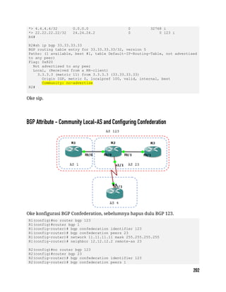 *> 4.4.4.4/32 0.0.0.0 0 32768 i
*> 22.22.22.22/32 24.24.24.2 0 0 123 i
R4#
R2#sh ip bgp 33.33.33.33
BGP routing table entry for 33.33.33.33/32, version 5
Paths: (1 available, best #1, table Default-IP-Routing-Table, not advertised
to any peer)
Flag: 0x820
Not advertised to any peer
Local, (Received from a RR-client)
3.3.3.3 (metric 11) from 3.3.3.3 (33.33.33.33)
Origin IGP, metric 0, localpref 100, valid, internal, best
Community: no-advertise
R2#
Oke sip.
Oke konfigurasi BGP Confederation, sebelumnya hapus dulu BGP 123.
R1(config)#no router bgp 123
R1(config)#router bgp 1
R1(config-router)# bgp confederation identifier 123
R1(config-router)# bgp confederation peers 23
R1(config-router)# network 11.11.11.11 mask 255.255.255.255
R1(config-router)# neighbor 12.12.12.2 remote-as 23
R2(config)#no router bgp 123
R2(config)#router bgp 23
R2(config-router)# bgp confederation identifier 123
R2(config-router)# bgp confederation peers 1
 