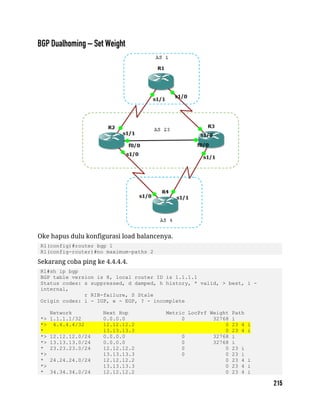 Oke hapus dulu konfigurasi load balancenya.
R1(config)#router bgp 1
R1(config-router)#no maximum-paths 2
Sekarang coba ping ke 4.4.4.4.
R1#sh ip bgp
BGP table version is 8, local router ID is 1.1.1.1
Status codes: s suppressed, d damped, h history, * valid, > best, i -
internal,
r RIB-failure, S Stale
Origin codes: i - IGP, e - EGP, ? - incomplete
Network Next Hop Metric LocPrf Weight Path
*> 1.1.1.1/32 0.0.0.0 0 32768 i
*> 4.4.4.4/32 12.12.12.2 0 23 4 i
* 13.13.13.3 0 23 4 i
*> 12.12.12.0/24 0.0.0.0 0 32768 i
*> 13.13.13.0/24 0.0.0.0 0 32768 i
* 23.23.23.0/24 12.12.12.2 0 0 23 i
*> 13.13.13.3 0 0 23 i
* 24.24.24.0/24 12.12.12.2 0 23 4 i
*> 13.13.13.3 0 23 4 i
* 34.34.34.0/24 12.12.12.2 0 23 4 i
 