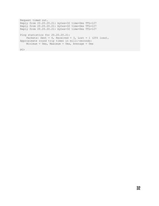 Request timed out.
Reply from 20.20.20.21: bytes=32 time=0ms TTL=127
Reply from 20.20.20.21: bytes=32 time=0ms TTL=127
Reply from 20.20.20.21: bytes=32 time=0ms TTL=127
Ping statistics for 20.20.20.21:
Packets: Sent = 4, Received = 3, Lost = 1 (25% loss),
Approximate round trip times in milli-seconds:
Minimum = 0ms, Maximum = 0ms, Average = 0ms
PC>
 