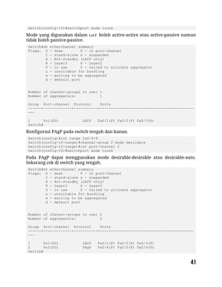 Switch(config-if)#switchport mode trunk
Mode yang digunakan dalam LaCP boleh active-active atau active-passive namun
tidak boleh passive-passive.
Switch#sh etherchannel summary
Flags: D - down P - in port-channel
I - stand-alone s - suspended
H - Hot-standby (LACP only)
R - Layer3 S - Layer2
U - in use f - failed to allocate aggregator
u - unsuitable for bundling
w - waiting to be aggregated
d - default port
Number of channel-groups in use: 1
Number of aggregators: 1
Group Port-channel Protocol Ports
------+-------------+-----------+-------------------------------------------
---
1 Po1(SU) LACP Fa0/1(P) Fa0/2(P) Fa0/3(P)
Switch#
Konfigurasi PAgP pada switch tengah dan kanan.
Switch(config)#int range fa0/4-6
Switch(config-if-range)#channel-group 2 mode desirable
Switch(config-if-range)#int port-channel 2
Switch(config-if)#switchport mode trunk
Pada PAgP dapat menggunakan mode desirable-desirable atau desirable-auto.
Sekarang cek di switch yang tengah.
Switch#sh etherchannel summary
Flags: D - down P - in port-channel
I - stand-alone s - suspended
H - Hot-standby (LACP only)
R - Layer3 S - Layer2
U - in use f - failed to allocate aggregator
u - unsuitable for bundling
w - waiting to be aggregated
d - default port
Number of channel-groups in use: 2
Number of aggregators: 2
Group Port-channel Protocol Ports
------+-------------+-----------+-------------------------------------------
---
1 Po1(SU) LACP Fa0/1(P) Fa0/2(P) Fa0/3(P)
2 Po2(SU) PAgP Fa0/4(P) Fa0/5(P) Fa0/6(P)
Switch#
 
