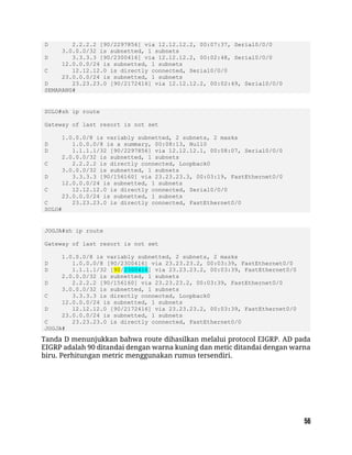 D 2.2.2.2 [90/2297856] via 12.12.12.2, 00:07:37, Serial0/0/0
3.0.0.0/32 is subnetted, 1 subnets
D 3.3.3.3 [90/2300416] via 12.12.12.2, 00:02:48, Serial0/0/0
12.0.0.0/24 is subnetted, 1 subnets
C 12.12.12.0 is directly connected, Serial0/0/0
23.0.0.0/24 is subnetted, 1 subnets
D 23.23.23.0 [90/2172416] via 12.12.12.2, 00:02:49, Serial0/0/0
SEMARANG#
SOLO#sh ip route
Gateway of last resort is not set
1.0.0.0/8 is variably subnetted, 2 subnets, 2 masks
D 1.0.0.0/8 is a summary, 00:08:13, Null0
D 1.1.1.1/32 [90/2297856] via 12.12.12.1, 00:08:07, Serial0/0/0
2.0.0.0/32 is subnetted, 1 subnets
C 2.2.2.2 is directly connected, Loopback0
3.0.0.0/32 is subnetted, 1 subnets
D 3.3.3.3 [90/156160] via 23.23.23.3, 00:03:19, FastEthernet0/0
12.0.0.0/24 is subnetted, 1 subnets
C 12.12.12.0 is directly connected, Serial0/0/0
23.0.0.0/24 is subnetted, 1 subnets
C 23.23.23.0 is directly connected, FastEthernet0/0
SOLO#
JOGJA#sh ip route
Gateway of last resort is not set
1.0.0.0/8 is variably subnetted, 2 subnets, 2 masks
D 1.0.0.0/8 [90/2300416] via 23.23.23.2, 00:03:39, FastEthernet0/0
D 1.1.1.1/32 [90/2300416] via 23.23.23.2, 00:03:39, FastEthernet0/0
2.0.0.0/32 is subnetted, 1 subnets
D 2.2.2.2 [90/156160] via 23.23.23.2, 00:03:39, FastEthernet0/0
3.0.0.0/32 is subnetted, 1 subnets
C 3.3.3.3 is directly connected, Loopback0
12.0.0.0/24 is subnetted, 1 subnets
D 12.12.12.0 [90/2172416] via 23.23.23.2, 00:03:39, FastEthernet0/0
23.0.0.0/24 is subnetted, 1 subnets
C 23.23.23.0 is directly connected, FastEthernet0/0
JOGJA#
Tanda D menunjukkan bahwa route dihasilkan melalui protocol EIGRP. AD pada
EIGRP adalah 90 ditandai dengan warna kuning dan metic ditandai dengan warna
biru. Perhitungan metric menggunakan rumus tersendiri.
 