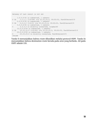 Gateway of last resort is not set
1.0.0.0/32 is subnetted, 1 subnets
O IA 1.1.1.1 [110/66] via 23.23.23.2, 00:02:03, FastEthernet0/0
2.0.0.0/32 is subnetted, 1 subnets
O IA 2.2.2.2 [110/2] via 23.23.23.2, 00:02:03, FastEthernet0/0
3.0.0.0/32 is subnetted, 1 subnets
C 3.3.3.3 is directly connected, Loopback0
12.0.0.0/24 is subnetted, 1 subnets
O IA 12.12.12.0 [110/65] via 23.23.23.2, 00:02:03, FastEthernet0/0
23.0.0.0/24 is subnetted, 1 subnets
C 23.23.23.0 is directly connected, FastEthernet0/0
JOGJA#
Tanda O menunjukkan bahwa route dihasilkan melalui protocol OSPF. Tanda IA
menunjukkan bahwa destination route berada pada area yang berbeda. AD pada
OSPF adalah 110.
 