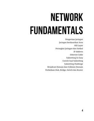 Pengertian Jaringan
Jaringan berdasarkan Area
OSI Layer
Perangkat Jaringan dan Simbol
IP Address
Ethernet Cable
Subnetting So Easy
Contoh Soal Subnetting
Subnetting Challenge
Broadcast Domain dan Collision Domain
Perbedaan Hub, Bridge, Switch dan Router
 