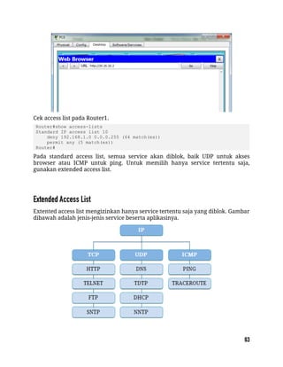 Cek access list pada Router1.
Router#show access-lists
Standard IP access list 10
deny 192.168.1.0 0.0.0.255 (64 match(es))
permit any (5 match(es))
Router#
Pada standard access list, semua service akan diblok, baik UDP untuk akses
browser atau ICMP untuk ping. Untuk memilih hanya service tertentu saja,
gunakan extended access list.
Extented access list mengizinkan hanya service tertentu saja yang diblok. Gambar
dibawah adalah jenis-jenis service beserta aplikasinya.
 