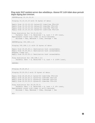 Ping static NAT melalui server dan sebaliknya. Alamat PC LAN tidak akan pernah
dapat diping dari internet.
SERVER>ping 10.10.10.10
Pinging 10.10.10.10 with 32 bytes of data:
Reply from 10.10.10.10: bytes=32 time=11ms TTL=126
Reply from 10.10.10.10: bytes=32 time=0ms TTL=126
Reply from 10.10.10.10: bytes=32 time=0ms TTL=126
Reply from 10.10.10.10: bytes=32 time=11ms TTL=126
Ping statistics for 10.10.10.10:
Packets: Sent = 4, Received = 4, Lost = 0 (0% loss),
Approximate round trip times in milli-seconds:
Minimum = 0ms, Maximum = 11ms, Average = 5ms
SERVER>ping 192.168.1.11
Pinging 192.168.1.11 with 32 bytes of data:
Reply from 20.20.20.1: Destination host unreachable.
Reply from 20.20.20.1: Destination host unreachable.
Request timed out.
Reply from 20.20.20.1: Destination host unreachable.
Ping statistics for 192.168.1.11:
Packets: Sent = 4, Received = 0, Lost = 4 (100% loss),
SERVER>
PC>ping 20.20.20.2
Pinging 20.20.20.2 with 32 bytes of data:
Reply from 20.20.20.2: bytes=32 time=12ms TTL=126
Reply from 20.20.20.2: bytes=32 time=0ms TTL=126
Reply from 20.20.20.2: bytes=32 time=0ms TTL=126
Reply from 20.20.20.2: bytes=32 time=0ms TTL=126
Ping statistics for 20.20.20.2:
Packets: Sent = 4, Received = 4, Lost = 0 (0% loss),
Approximate round trip times in milli-seconds:
Minimum = 0ms, Maximum = 12ms, Average = 3ms
PC>
 