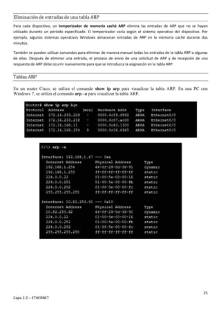 25
Capa 2.2 – ETHERNET
Eliminación de entradas de una tabla ARP
Para cada dispositivo, un temporizador de memoria caché ARP elimina las entradas de ARP que no se hayan
utilizado durante un período especificado. El temporizador varía según el sistema operativo del dispositivo. Por
ejemplo, algunos sistemas operativos Windows almacenan entradas de ARP en la memoria caché durante dos
minutos.
También se pueden utilizar comandos para eliminar de manera manual todas las entradas de la tabla ARP o algunas
de ellas. Después de eliminar una entrada, el proceso de envío de una solicitud de ARP y de recepción de una
respuesta de ARP debe ocurrir nuevamente para que se introduzca la asignación en la tabla ARP.
Tablas ARP
En un router Cisco, se utiliza el comando show ip arp para visualizar la tabla ARP. En una PC con
Windows 7, se utiliza el comando arp –a para visualizar la tabla ARP.
 