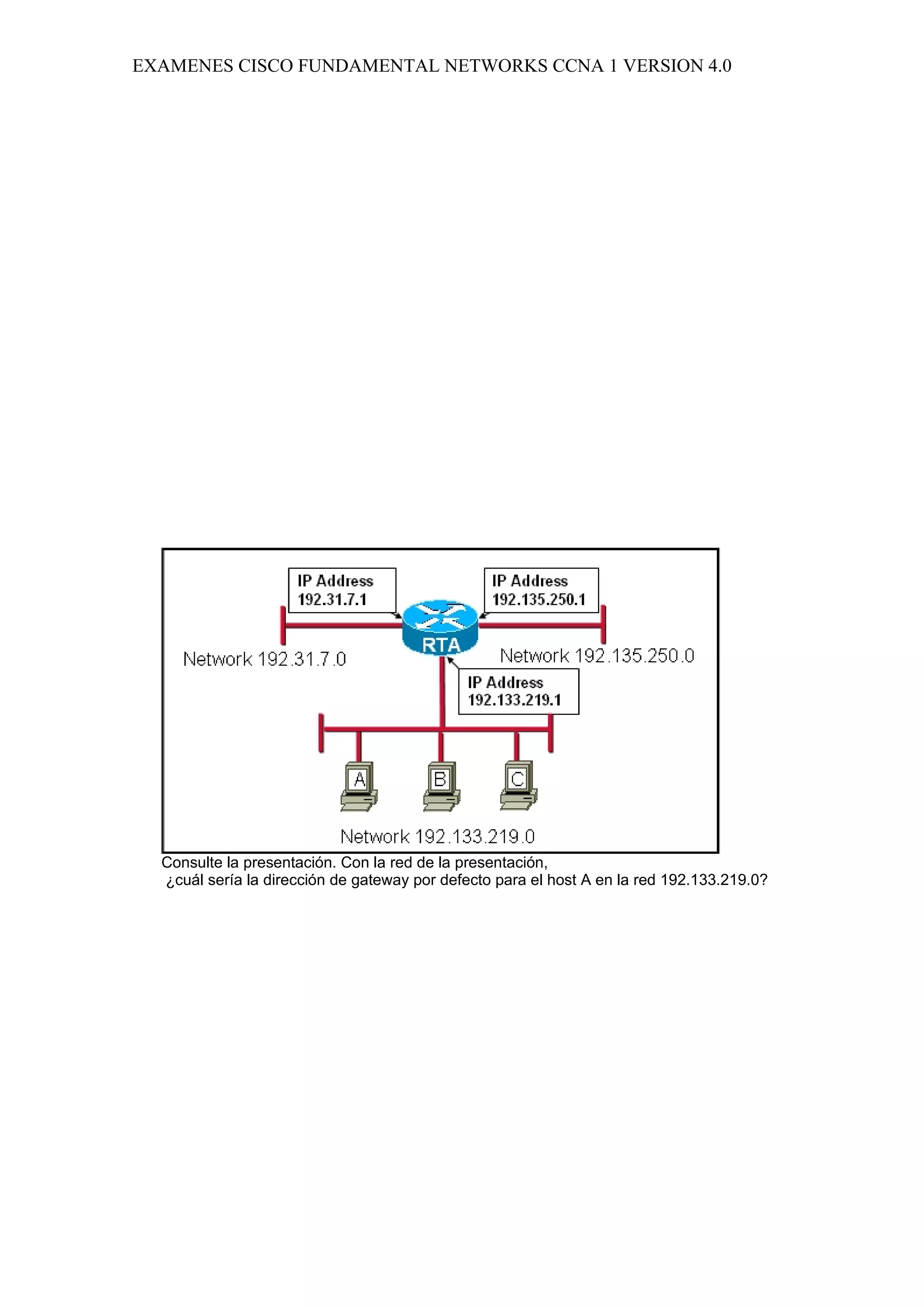 EXAMENES CISCO FUNDAMENTAL NETWORKS CCNA 1 VERSION 4.0




  Consulte la presentación. Con la red de la presentación,
  ¿cuál sería la dirección de gateway por defecto para el host A en la red 192.133.219.0?
 