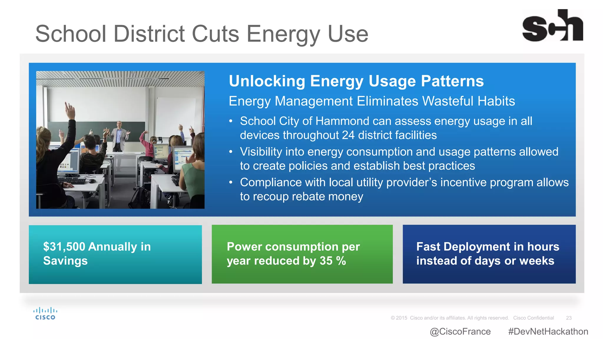 School District Cuts Energy Use
$31,500 Annually in
Savings
Power consumption per
year reduced by 35 %
Fast Deployment in hours
instead of days or weeks
Unlocking Energy Usage Patterns
Energy Management Eliminates Wasteful Habits
• School City of Hammond can assess energy usage in all
devices throughout 24 district facilities
• Visibility into energy consumption and usage patterns allowed
to create policies and establish best practices
• Compliance with local utility provider’s incentive program allows
to recoup rebate money
@CiscoFrance #DevNetHackathon
 