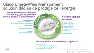 Cisco EnergyWise Management
solution dédiée de pilotage de l’énergie
Mesure la consommation d’énergie et
l’utilisation de TOUS les équipements et
systèmes connectés au réseau IP et non-IP : Gestion Energétique
Intelligente:
Coût de l’énergie
Utilisation de l’énergie
Gains énergétiques
Emissions carbones
Date/Heure/Période
Localisation/Site/Etage/BU/…
Centre de coût
Simulation des politiques
Modélisation ROI
Politiques définies et déclenchées par rapport à :
des évènements
des critères de temps et de calendrier
des niveaux d’utilisation des équipements
du Load AdaptiveTM Computing
Data Center :
serveurs physiques et virtuels, routeurs,
switches, storage/stockage...
Facilities:
HVAC, lumière, PDU, CRACs…
Bureau et Réseaux :
switches, PCs, VoIP phones,
borne wifi, copieurs, imprimantes, badgeuses…
@CiscoFrance #DevNetHackathon
 