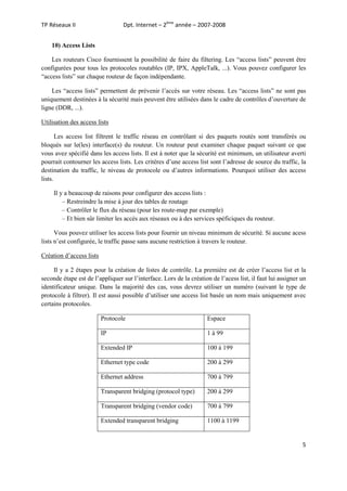 Dpt. Internet – 2ème année – 2007-2008

TP Réseaux II
10) Access Lists

Les routeurs Cisco fournissent la possibilité de faire du filtering. Les “access lists” peuvent être
configurées pour tous les protocoles routables (IP, IPX, AppleTalk, ...). Vous pouvez configurer les
“access lists” sur chaque routeur de façon indépendante.
Les “access lists” permettent de prévenir l’accès sur votre réseau. Les “access lists” ne sont pas
uniquement destinées à la sécurité mais peuvent être utilisées dans le cadre de contrôles d’ouverture de
ligne (DDR, ...).
Utilisation des access lists
Les access list filtrent le traffic réseau en contrôlant si des paquets routés sont transférés ou
bloqués sur le(les) interface(s) du routeur. Un routeur peut examiner chaque paquet suivant ce que
vous avez spécifié dans les access lists. Il est à noter que la sécurité est minimum, un utilisateur averti
pourrait contourner les access lists. Les critères d’une access list sont l’adresse de source du traffic, la
destination du traffic, le niveau de protocole ou d’autres informations. Pourquoi utiliser des access
lists.
Il y a beaucoup de raisons pour configurer des access lists :
– Restreindre la mise à jour des tables de routage
– Contrôler le flux du réseau (pour les route-map par exemple)
– Et bien sûr limiter les accès aux réseaux ou à des services spéficiques du routeur.
Vous pouvez utiliser les access lists pour fournir un niveau minimum de sécurité. Si aucune acess
lists n’est configurée, le traffic passe sans aucune restriction à travers le routeur.
Création d’access lists
Il y a 2 étapes pour la création de listes de contrôle. La première est de créer l’access list et la
seconde étape est de l’appliquer sur l’interface. Lors de la création de l’acess list, il faut lui assigner un
identificateur unique. Dans la majorité des cas, vous devrez utiliser un numéro (suivant le type de
protocole à filtrer). Il est aussi possible d’utiliser une access list basée un nom mais uniquement avec
certains protocoles.
Protocole

Espace

IP

1 à 99

Extended IP

100 à 199

Ethernet type code

200 à 299

Ethernet address

700 à 799

Transparent bridging (protocol type)

200 à 299

Transparent bridging (vendor code)

700 à 799

Extended transparent bridging

1100 à 1199

5

 