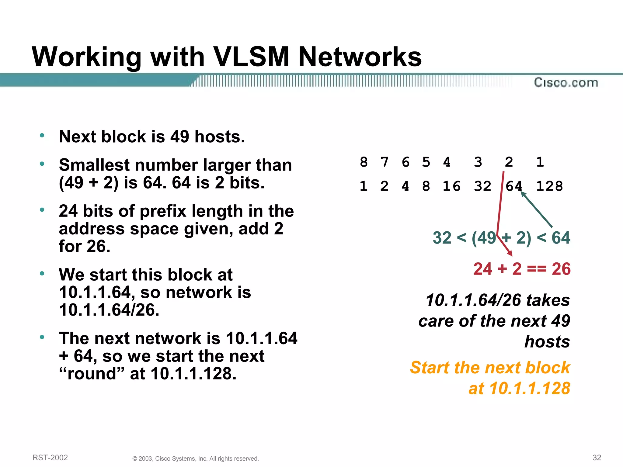 Working with VLSM Networks 
• Next block is 49 hosts. 
• Smallest number larger than 
(49 + 2) is 64. 64 is 2 bits. 
• 24 bits of prefix length in the 
address space given, add 2 
for 26. 
• We start this block at 
10.1.1.64, so network is 
10.1.1.64/26. 
• The next network is 10.1.1.64 
+ 64, so we start the next 
“round” at 10.1.1.128. 
8 7 6 5 4 3 2 1 
1 2 4 8 16 32 64 128 
32 < (49 + 2) < 64 
24 + 2 == 26 
10.1.1.64/26 takes 
care of the next 49 
hosts 
Start the next block 
at 10.1.1.128 
RST-2002 © 2003, Cisco Systems, Inc. All rights reserved. 32 
 