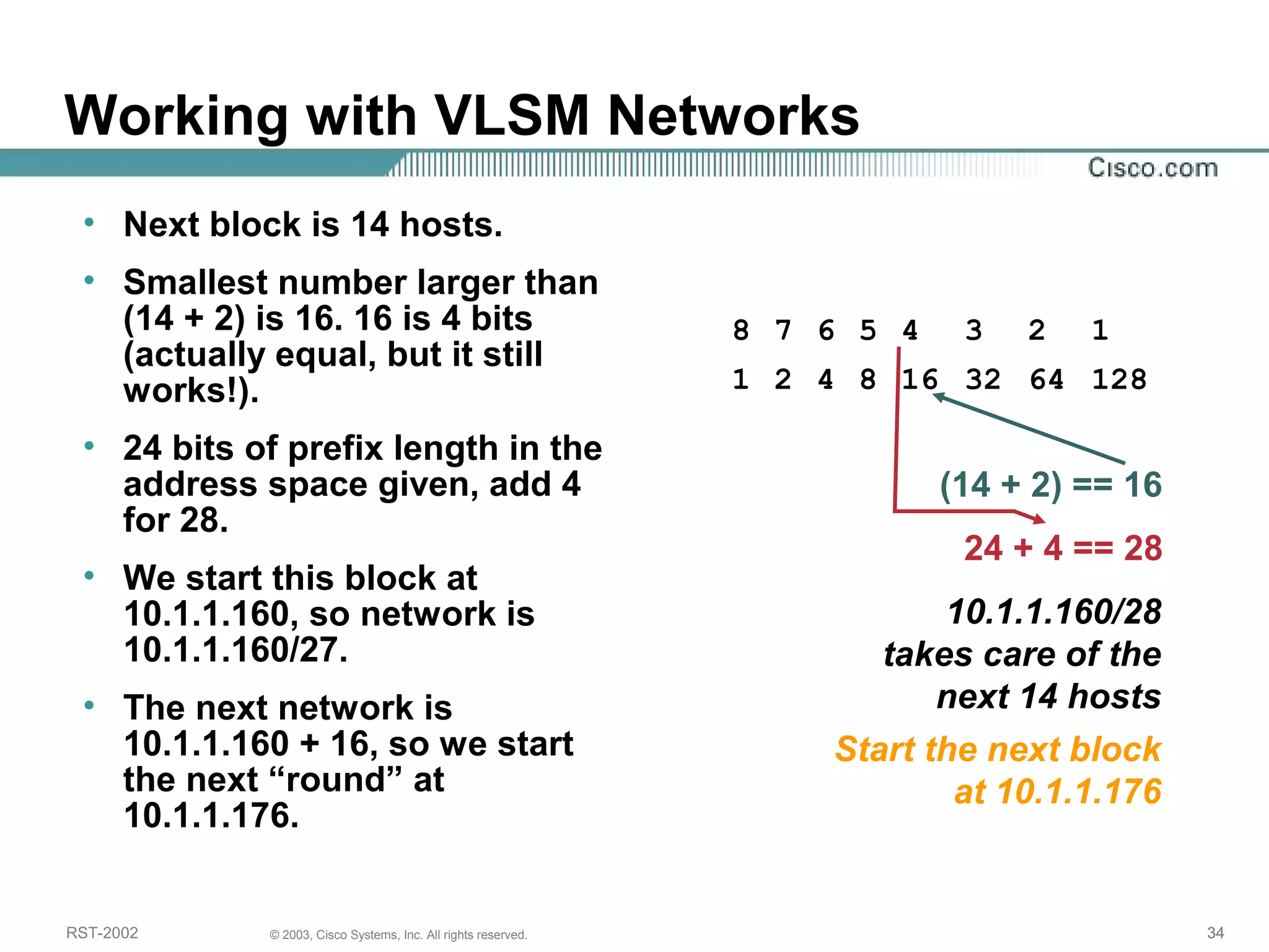 Working with VLSM Networks 
• Next block is 14 hosts. 
• Smallest number larger than 
(14 + 2) is 16. 16 is 4 bits 
(actually equal, but it still 
works!). 
• 24 bits of prefix length in the 
address space given, add 4 
for 28. 
• We start this block at 
10.1.1.160, so network is 
10.1.1.160/27. 
• The next network is 
10.1.1.160 + 16, so we start 
the next “round” at 
10.1.1.176. 
8 7 6 5 4 3 2 1 
1 2 4 8 16 32 64 128 
(14 + 2) == 16 
24 + 4 == 28 
10.1.1.160/28 
takes care of the 
next 14 hosts 
Start the next block 
at 10.1.1.176 
RST-2002 © 2003, Cisco Systems, Inc. All rights reserved. 34 
 
