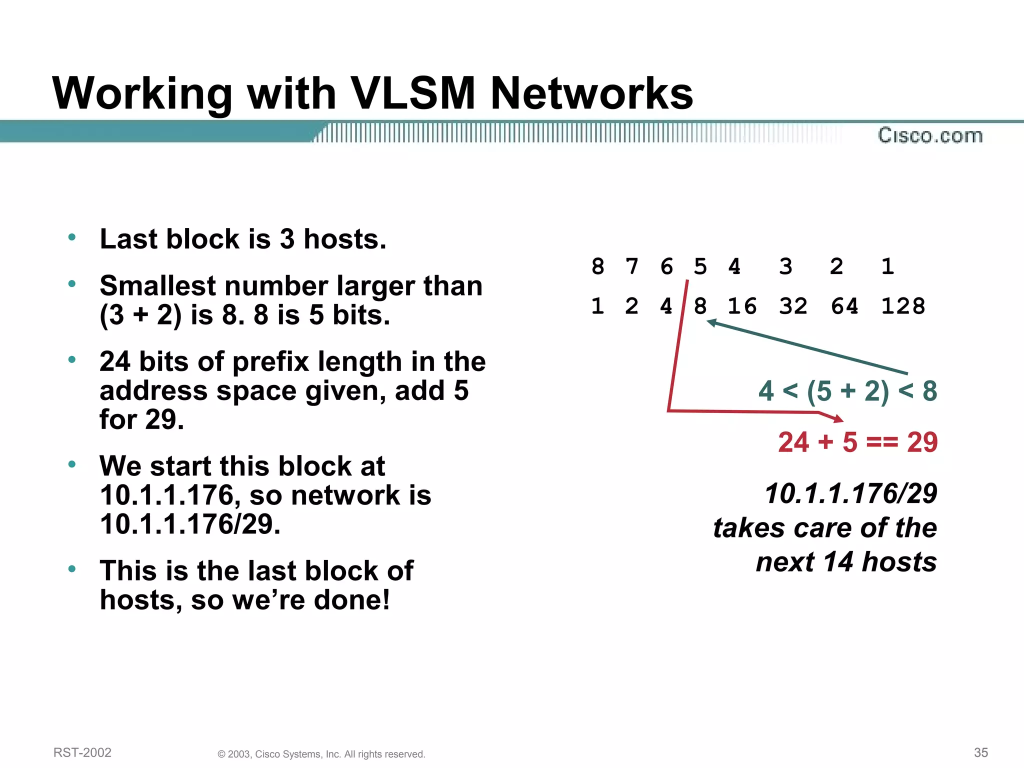 Working with VLSM Networks 
• Last block is 3 hosts. 
• Smallest number larger than 
(3 + 2) is 8. 8 is 5 bits. 
• 24 bits of prefix length in the 
address space given, add 5 
for 29. 
• We start this block at 
10.1.1.176, so network is 
10.1.1.176/29. 
• This is the last block of 
hosts, so we’re done! 
8 7 6 5 4 3 2 1 
1 2 4 8 16 32 64 128 
4 < (5 + 2) < 8 
24 + 5 == 29 
10.1.1.176/29 
takes care of the 
next 14 hosts 
RST-2002 © 2003, Cisco Systems, Inc. All rights reserved. 35 
 