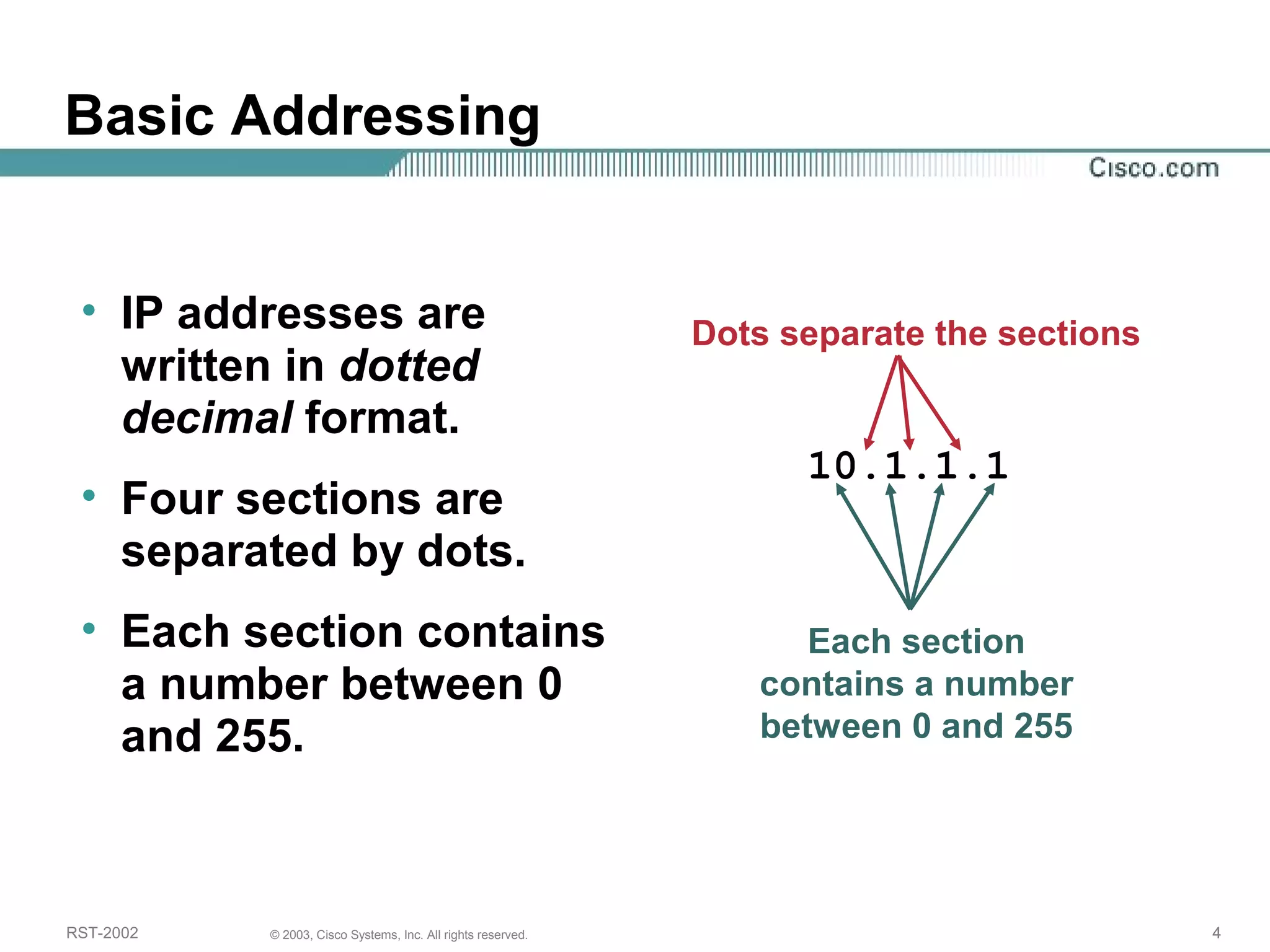 Basic Addressing 
Dots separate the sections 
10.1.1.1 
• IP addresses are 
written in dotted 
decimal format. 
• Four sections are 
separated by dots. 
• Each section contains 
a number between 0 
and 255. 
Each section 
contains a number 
between 0 and 255 
RST-2002 © 2003, Cisco Systems, Inc. All rights reserved. 4 
 