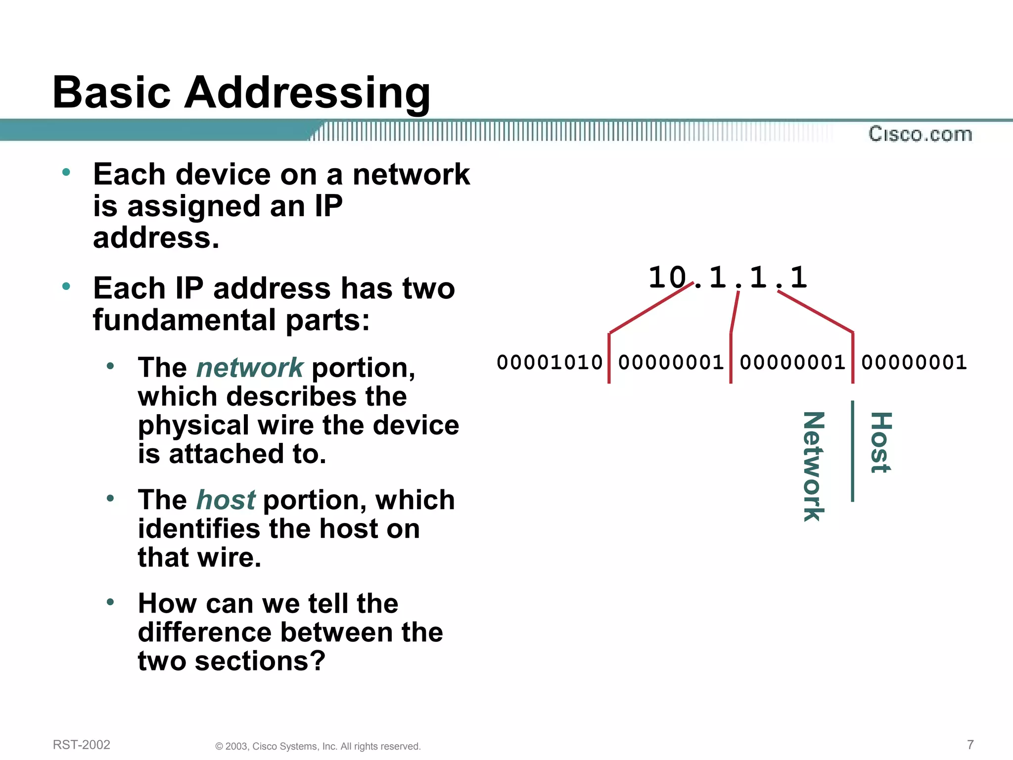 Basic Addressing 
10.1.1.1 
• Each device on a network 
is assigned an IP 
address. 
• Each IP address has two 
fundamental parts: 
• The network portion, 
which describes the 
physical wire the device 
is attached to. 
• The host portion, which 
identifies the host on 
that wire. 
• How can we tell the 
difference between the 
two sections? 
00001010 00000001 00000001 00000001 
Network 
Host 
RST-2002 © 2003, Cisco Systems, Inc. All rights reserved. 7 
 