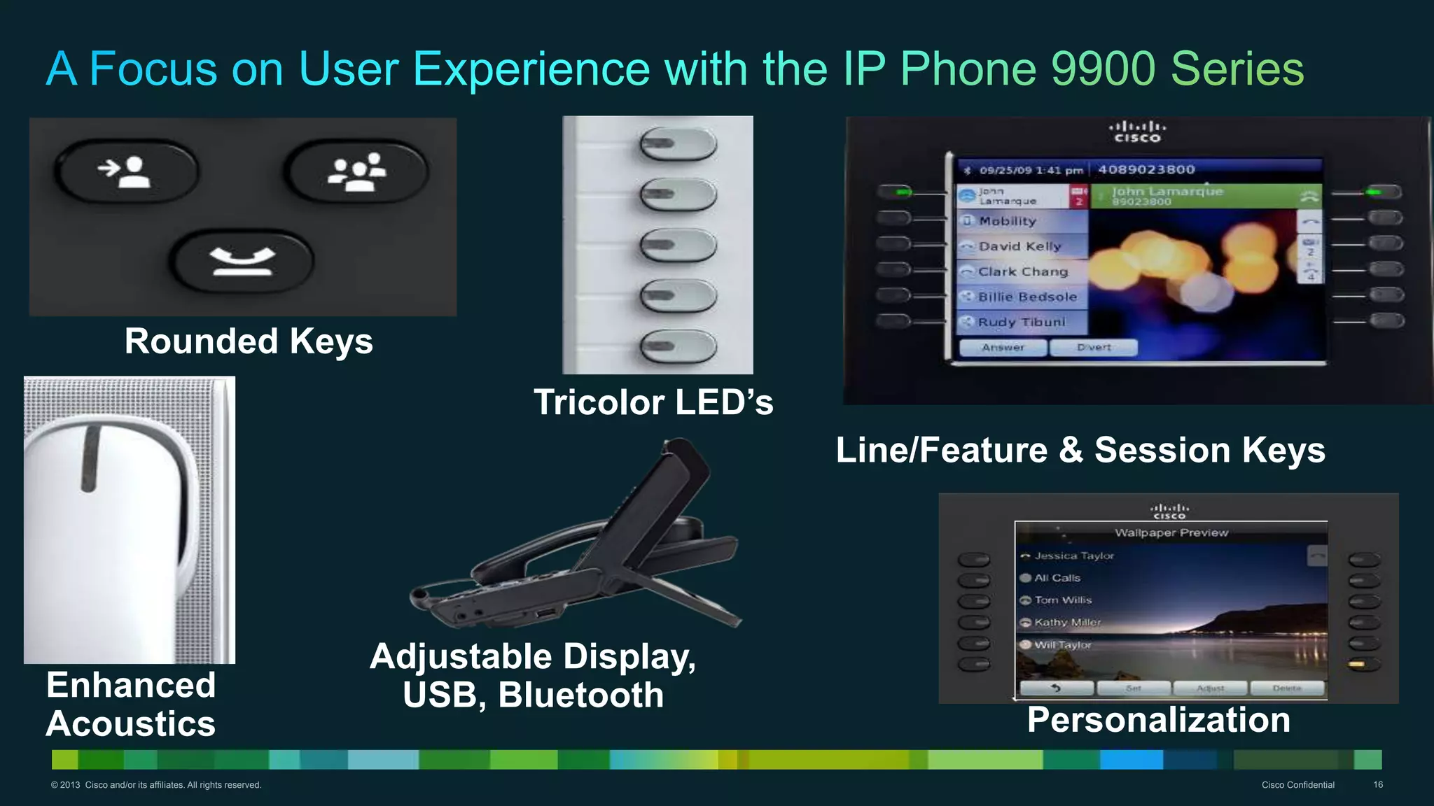 © 2013 Cisco and/or its affiliates. All rights reserved. Cisco Confidential 16
Rounded Keys
Tricolor LED’s
Personalization
Adjustable Display,
USB, BluetoothEnhanced
Acoustics
Line/Feature & Session Keys
 