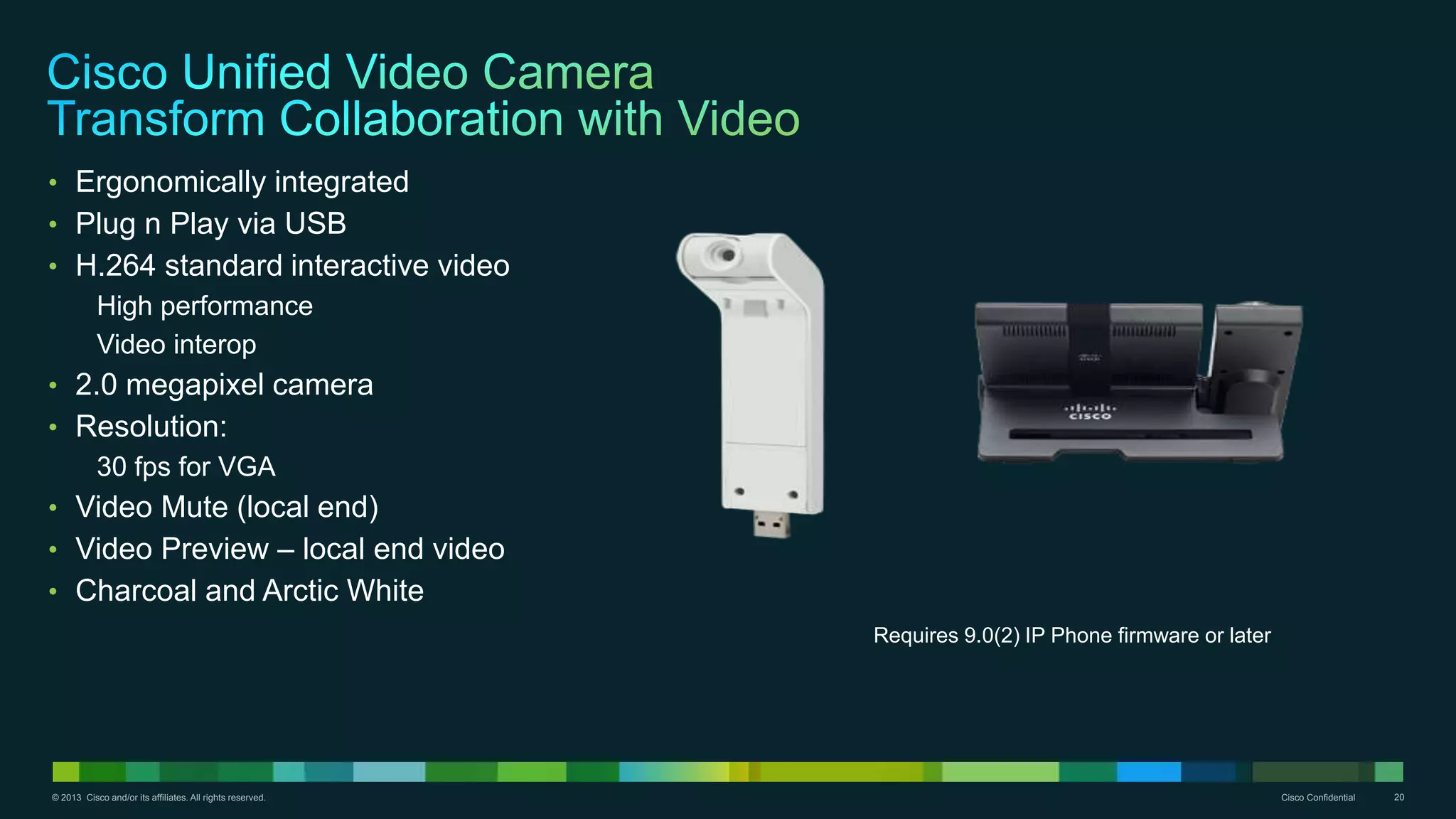 © 2013 Cisco and/or its affiliates. All rights reserved. Cisco Confidential 20
• Ergonomically integrated
• Plug n Play via USB
• H.264 standard interactive video
High performance
Video interop
• 2.0 megapixel camera
• Resolution:
30 fps for VGA
• Video Mute (local end)
• Video Preview – local end video
• Charcoal and Arctic White
Requires 9.0(2) IP Phone firmware or later
 