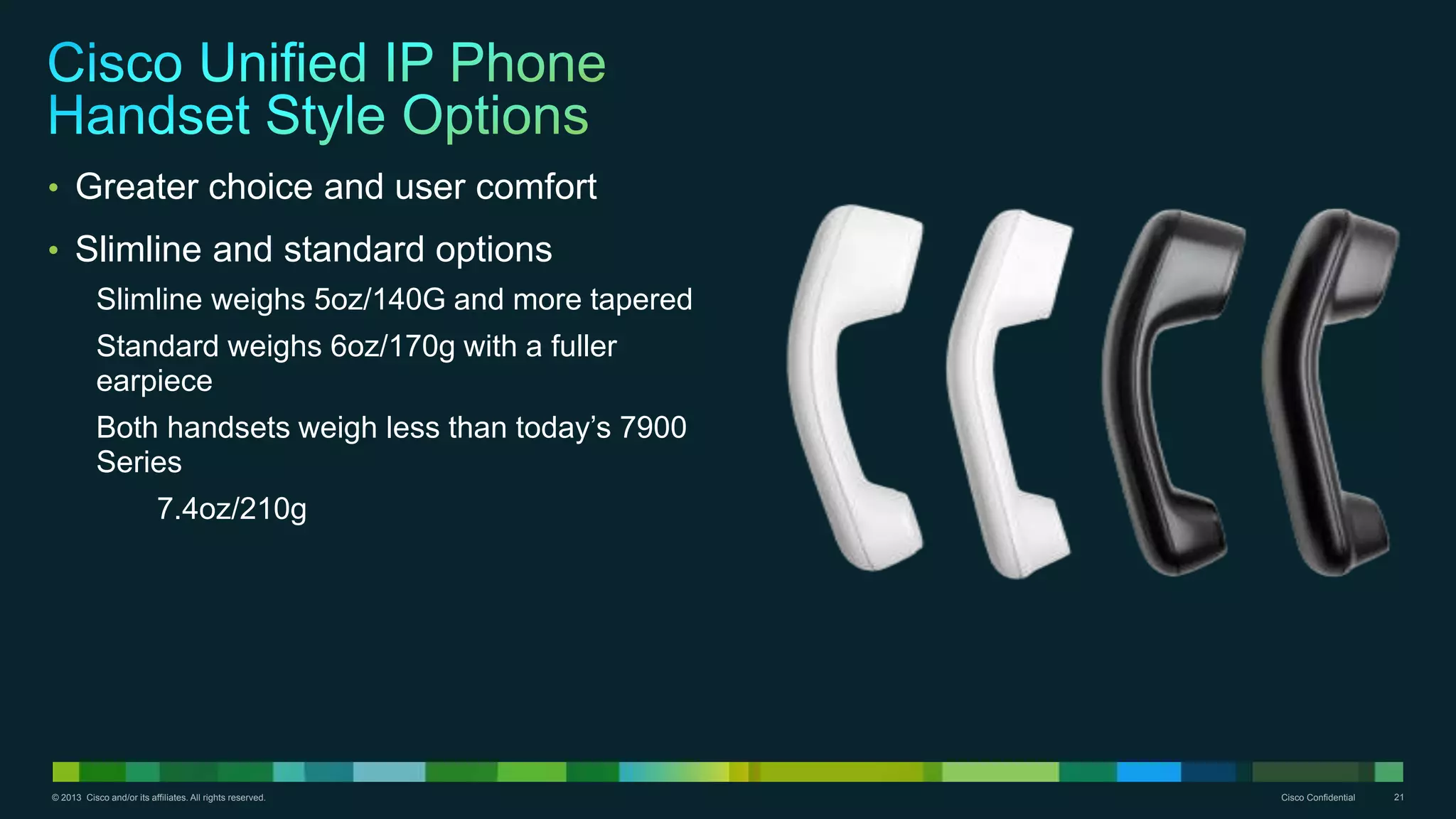 © 2013 Cisco and/or its affiliates. All rights reserved. Cisco Confidential 21
• Greater choice and user comfort
• Slimline and standard options
Slimline weighs 5oz/140G and more tapered
Standard weighs 6oz/170g with a fuller
earpiece
Both handsets weigh less than today’s 7900
Series
7.4oz/210g
 