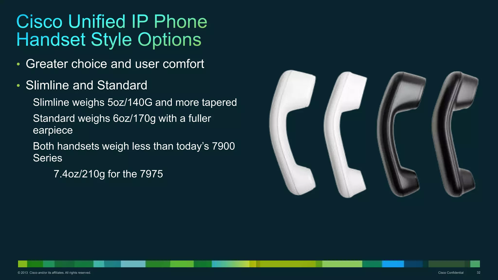 © 2013 Cisco and/or its affiliates. All rights reserved. Cisco Confidential 32
• Greater choice and user comfort
• Slimline and Standard
Slimline weighs 5oz/140G and more tapered
Standard weighs 6oz/170g with a fuller
earpiece
Both handsets weigh less than today’s 7900
Series
7.4oz/210g for the 7975
 