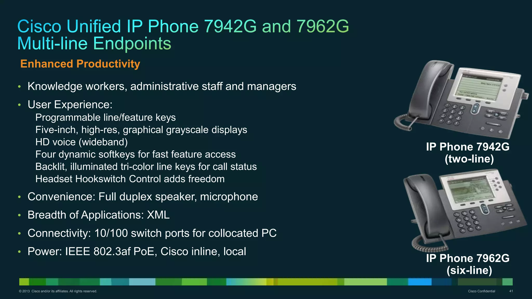 © 2013 Cisco and/or its affiliates. All rights reserved. Cisco Confidential 41
• Knowledge workers, administrative staff and managers
• User Experience:
Programmable line/feature keys
Five-inch, high-res, graphical grayscale displays
HD voice (wideband)
Four dynamic softkeys for fast feature access
Backlit, illuminated tri-color line keys for call status
Headset Hookswitch Control adds freedom
• Convenience: Full duplex speaker, microphone
• Breadth of Applications: XML
• Connectivity: 10/100 switch ports for collocated PC
• Power: IEEE 802.3af PoE, Cisco inline, local
IP Phone 7962G
(six-line)
IP Phone 7942G
(two-line)
Enhanced Productivity
 
