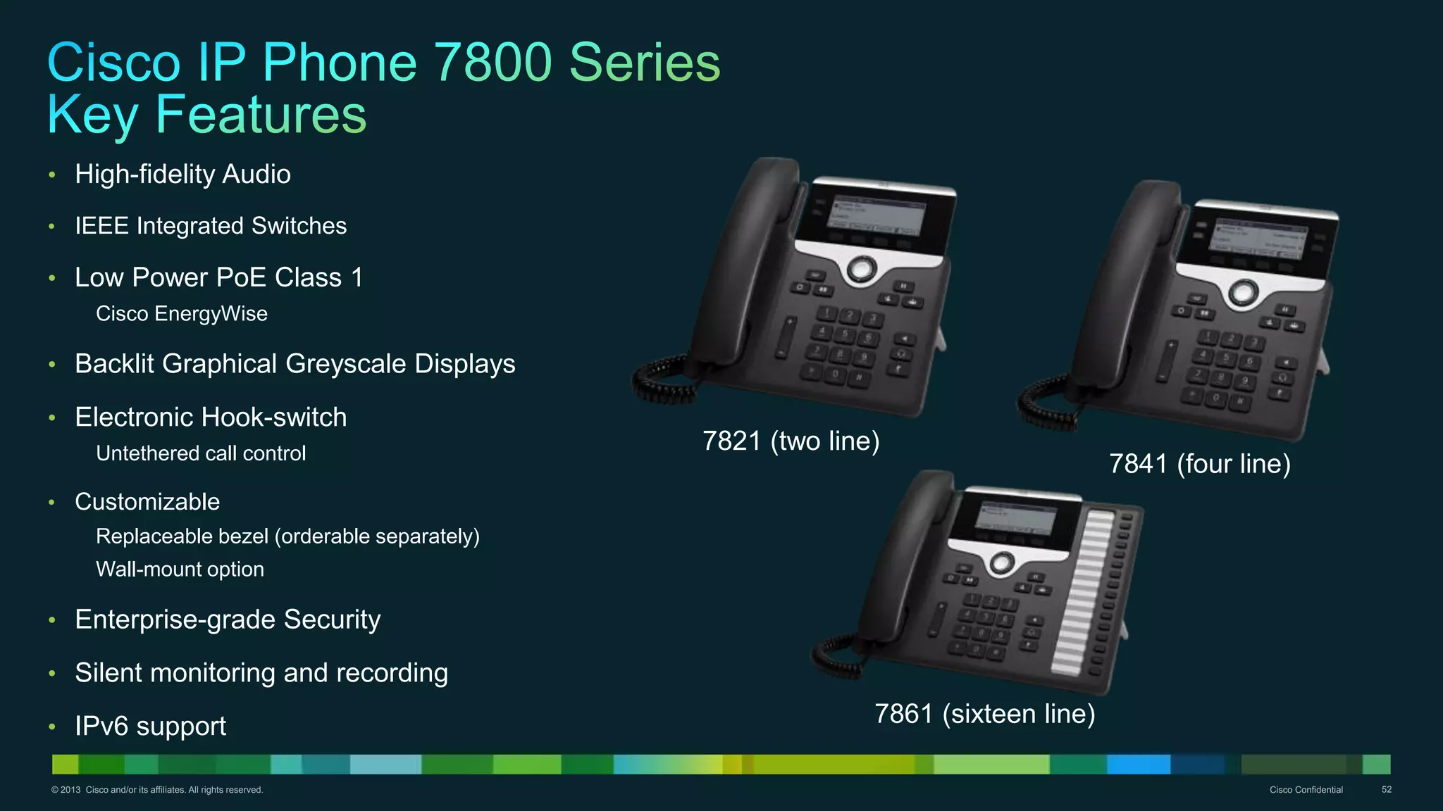© 2013 Cisco and/or its affiliates. All rights reserved. Cisco Confidential 52
• High-fidelity Audio
• IEEE Integrated Switches
• Low Power PoE Class 1
Cisco EnergyWise
• Backlit Graphical Greyscale Displays
• Electronic Hook-switch
Untethered call control
• Customizable
Replaceable bezel (orderable separately)
Wall-mount option
• Enterprise-grade Security
• Silent monitoring and recording
• IPv6 support
7821 (two line)
7841 (four line)
7861 (sixteen line)
 