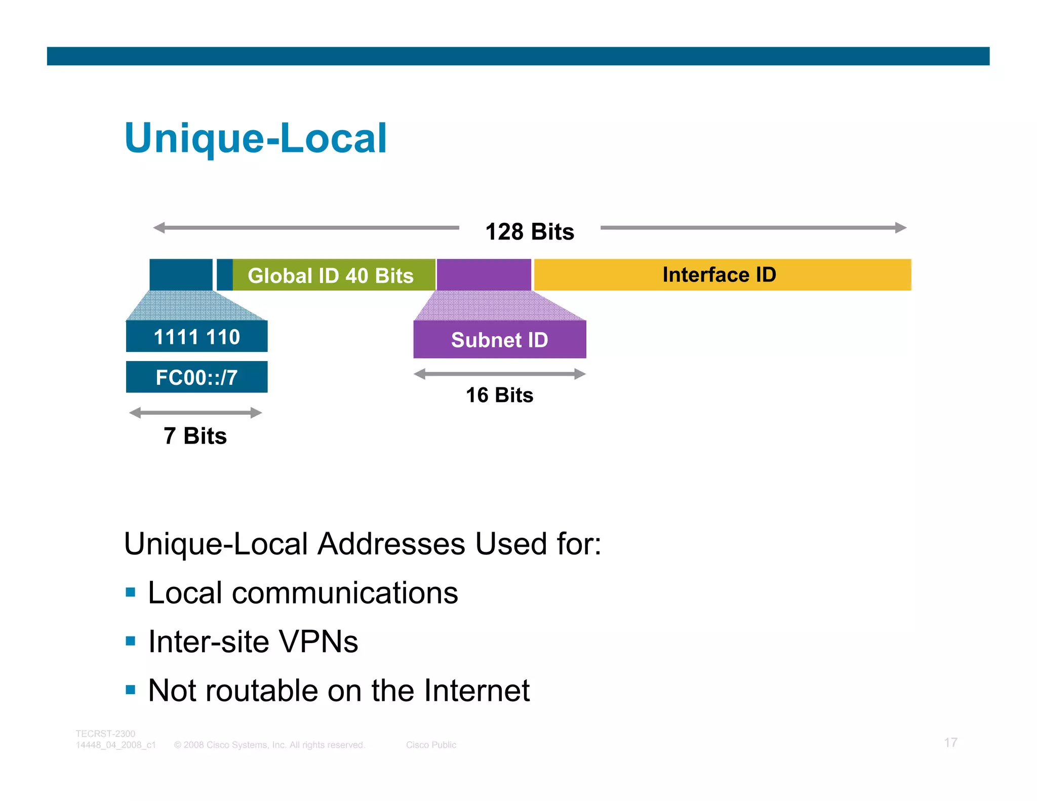 Unique-Local

                                                                                      128 Bits
                                     Global ID 40 Bits                                           Interface ID

               1111 110                                                         Subnet ID
               FC00::/7
                                                                                     16 Bits
                   7 Bits



         Unique-Local Addresses Used for:
              Local communications
              Inter-site VPNs
              Not routable on the Internet
TECRST-2300
14448_04_2008_c1    © 2008 Cisco Systems, Inc. All rights reserved.   Cisco Public                              17
 