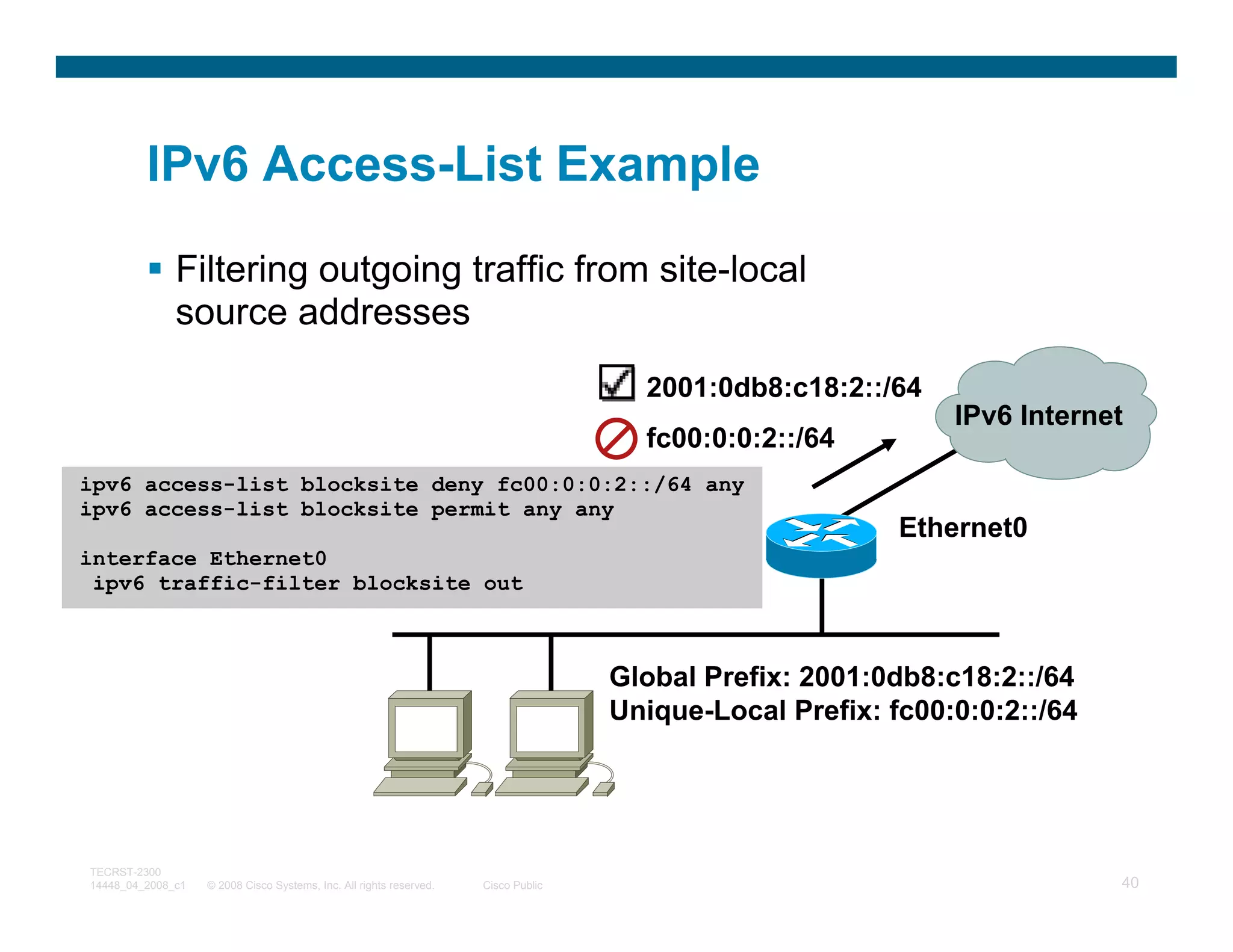 IPv6 Access-List Example

              Filtering outgoing traffic from site-local
              source addresses
                                                                                      2001:0db8:c18:2::/64
                                                                                                              IPv6 Internet
                                                                                      fc00:0:0:2::/64
ipv6 access-list blocksite deny fc00:0:0:2::/64 any
ipv6 access-list blocksite permit any any
                                                                                                          Ethernet0
interface Ethernet0
 ipv6 traffic-filter blocksite out



                                                                                    Global Prefix: 2001:0db8:c18:2::/64
                                                                                    Unique-Local Prefix: fc00:0:0:2::/64




TECRST-2300
14448_04_2008_c1   © 2008 Cisco Systems, Inc. All rights reserved.   Cisco Public                                          40
 