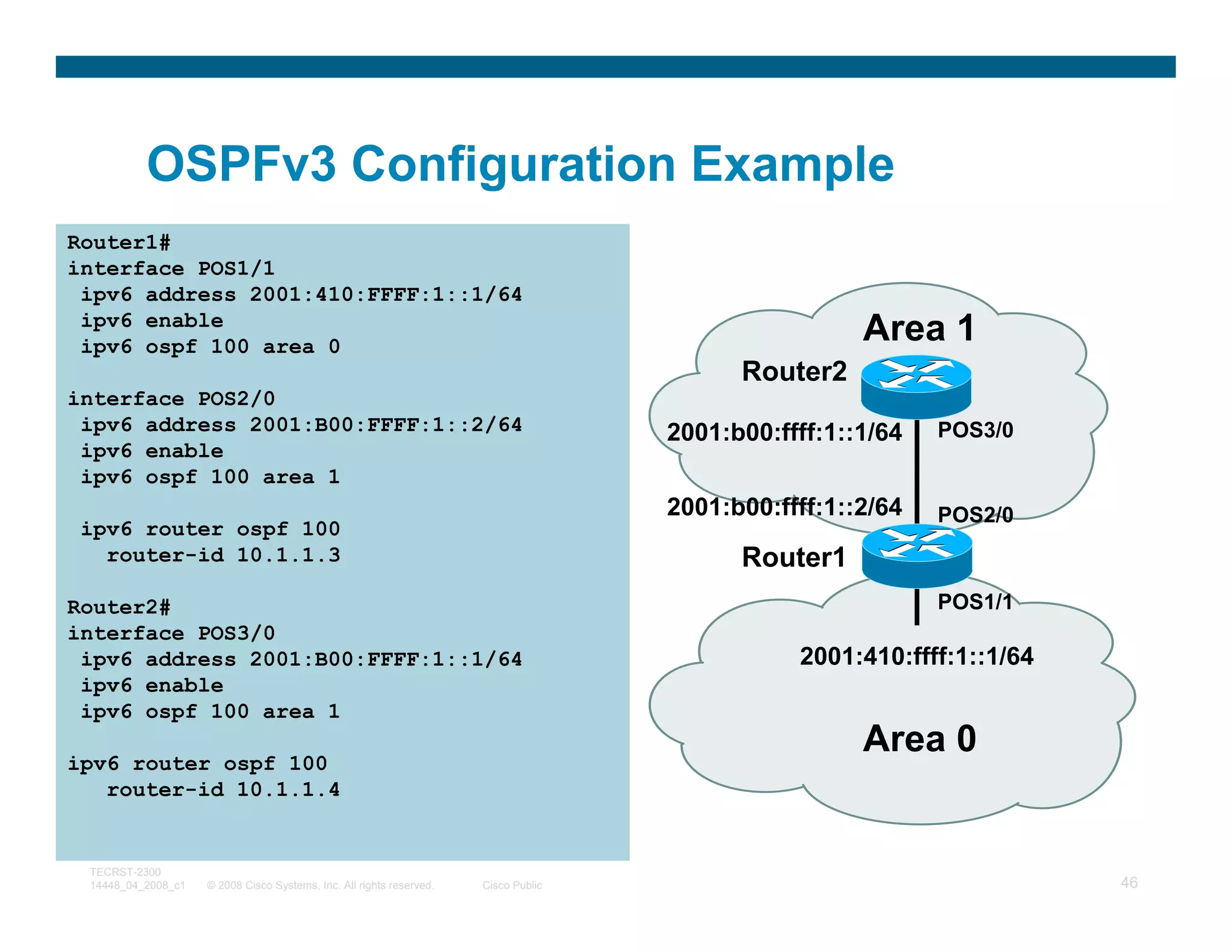 OSPFv3 Configuration Example
Router1#
interface POS1/1
 ipv6 address 2001:410:FFFF:1::1/64
 ipv6 enable
 ipv6 ospf 100 area 0
                                                                                                      Area 1
                                                                                           Router2
interface POS2/0
 ipv6 address 2001:B00:FFFF:1::2/64                                                  2001:b00:ffff:1::1/64   POS3/0
 ipv6 enable
 ipv6 ospf 100 area 1
                                                                                     2001:b00:ffff:1::2/64   POS2/0
 ipv6 router ospf 100
   router-id 10.1.1.3                                                                      Router1
Router2#                                                                                                     POS1/1
interface POS3/0
 ipv6 address 2001:B00:FFFF:1::1/64                                                             2001:410:ffff:1::1/64
 ipv6 enable
 ipv6 ospf 100 area 1

ipv6 router ospf 100
                                                                                                      Area 0
   router-id 10.1.1.4


 TECRST-2300
 14448_04_2008_c1   © 2008 Cisco Systems, Inc. All rights reserved.   Cisco Public                                      46
 