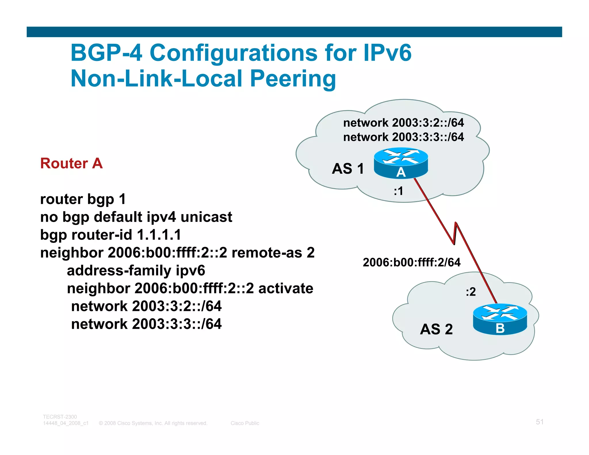 BGP-4 Configurations for IPv6
         Non-Link-Local Peering
                                                                                     network 2003:3:2::/64
                                                                                     network 2003:3:3::/64

Router A                                                                            AS 1      A
                                                                                             :1
router bgp 1
no bgp default ipv4 unicast
bgp router-id 1.1.1.1
neighbor 2006:b00:ffff:2::2 remote-as 2
                                                                                        2006:b00:ffff:2/64
    address-family ipv6
    neighbor 2006:b00:ffff:2::2 activate                                                                     :2
     network 2003:3:2::/64
     network 2003:3:3::/64                                                                        AS 2            B




TECRST-2300
14448_04_2008_c1   © 2008 Cisco Systems, Inc. All rights reserved.   Cisco Public                                     51
 