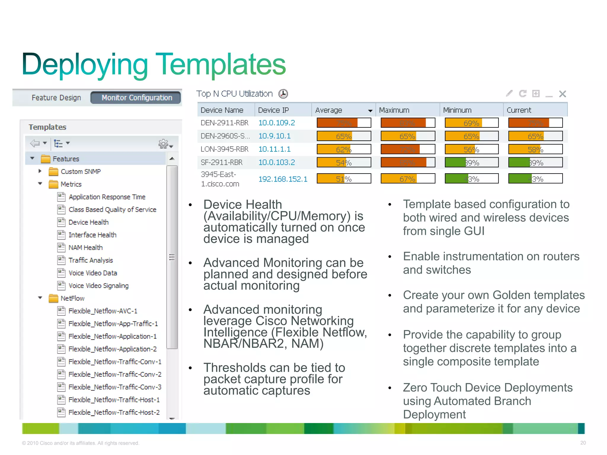 © 2010 Cisco and/or its affiliates. All rights reserved. 20
• Device Health
(Availability/CPU/Memory) is
automatically turned on once
device is managed
• Advanced Monitoring can be
planned and designed before
actual monitoring
• Advanced monitoring
leverage Cisco Networking
Intelligence (Flexible Netflow,
NBAR/NBAR2, NAM)
• Thresholds can be tied to
packet capture profile for
automatic captures
• Template based configuration to
both wired and wireless devices
from single GUI
• Enable instrumentation on routers
and switches
• Create your own Golden templates
and parameterize it for any device
• Provide the capability to group
together discrete templates into a
single composite template
• Zero Touch Device Deployments
using Automated Branch
Deployment
 