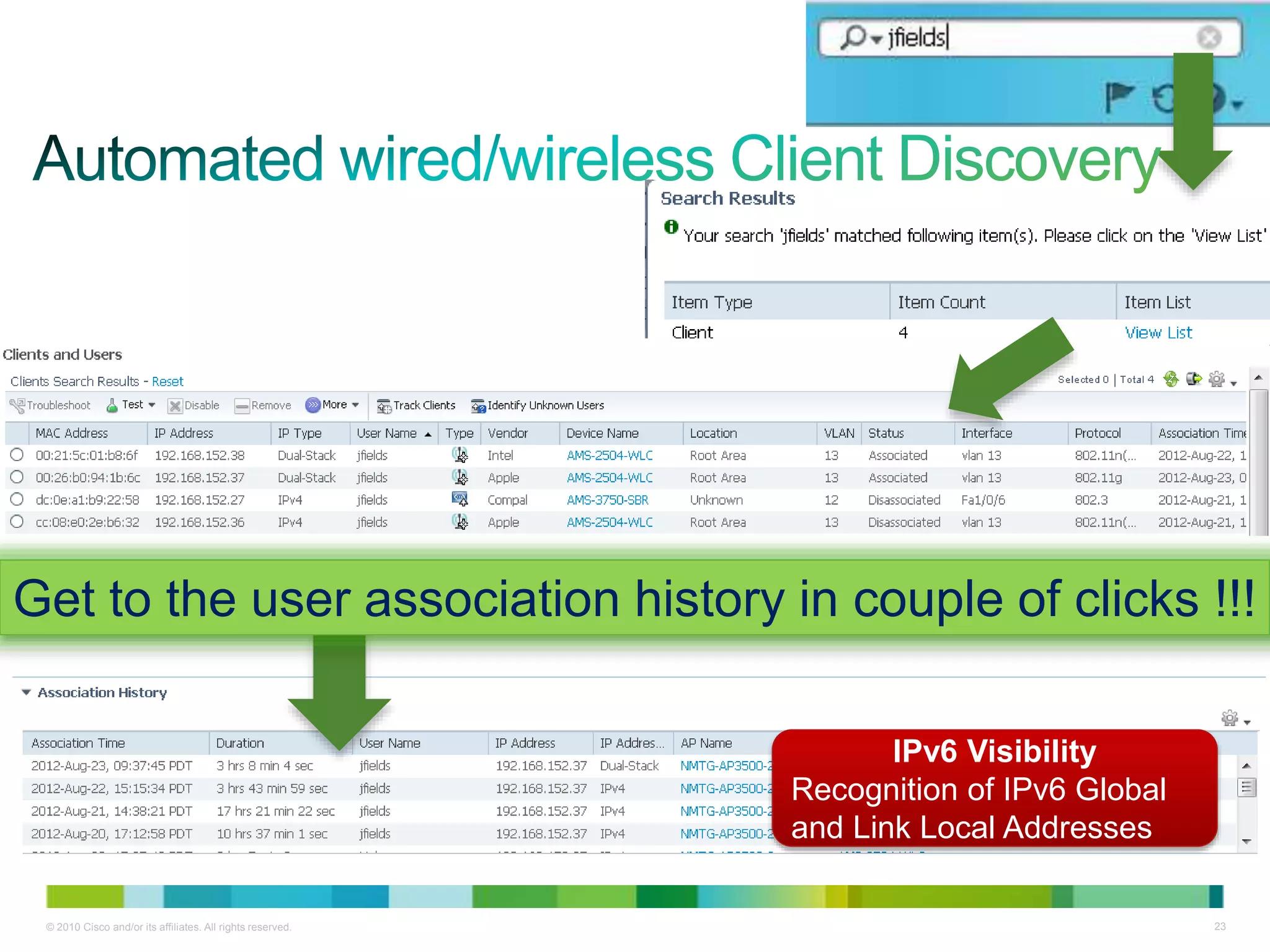 © 2010 Cisco and/or its affiliates. All rights reserved. 23
Get to the user association history in couple of clicks !!!
IPv6 Visibility
Recognition of IPv6 Global
and Link Local Addresses
 